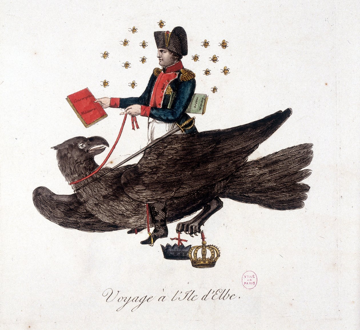 Rejsen til Elba-øen: Napoleon rider på en ørn, holder bøgerne om militær værnepligt og masseløft af soldater - i "" Napoleon 1st, karikaturer, dummy-samling"", ca. 1814 af Unknown artist