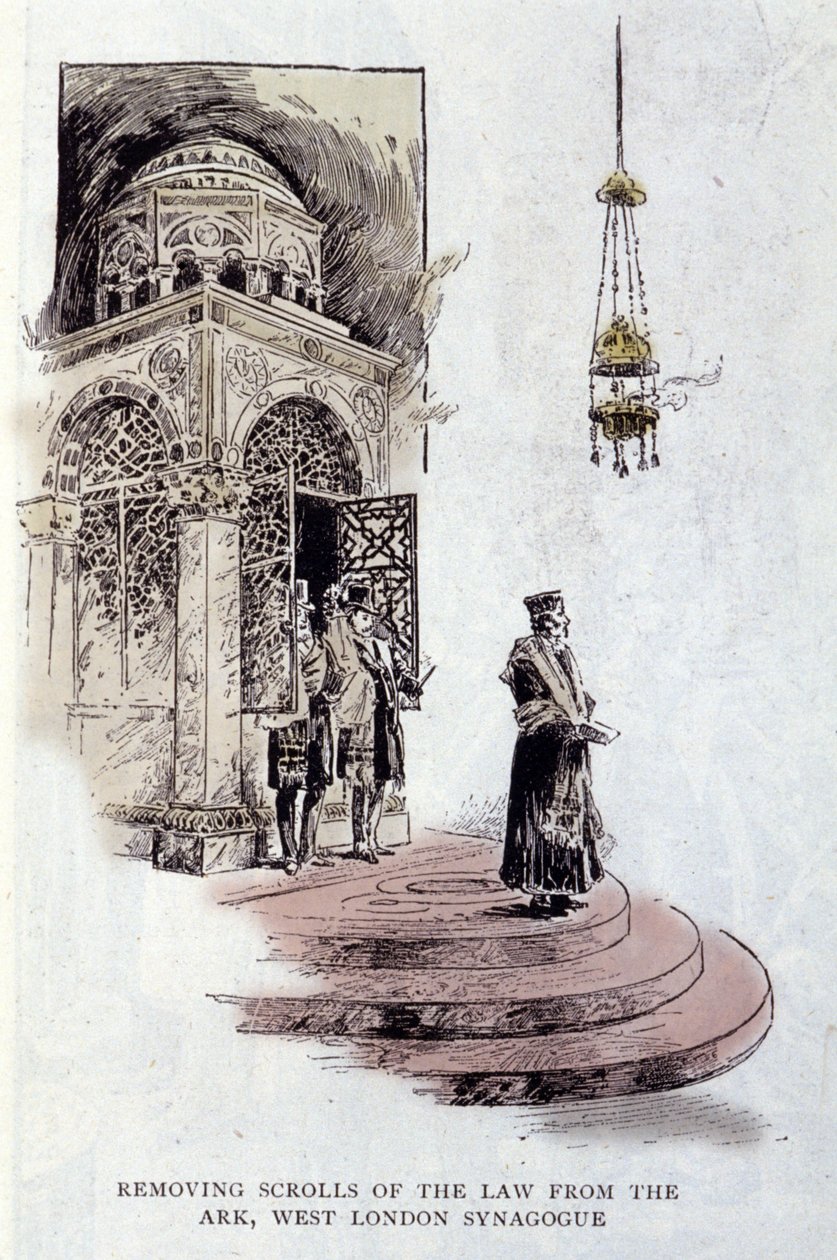 Jødedom: Torah-ruller, der normalt er placeret i den hellige ark, bruges ved en ceremoni. Rabbineren bærer Tallit eller Tzitzit bedetid. West London Synagoge af Unknown artist