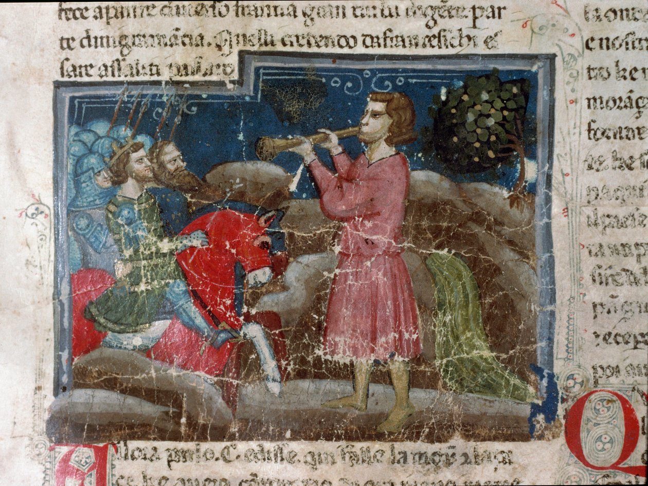 Jules Cesar (101-44 f.Kr.) henvender sig til sine krigere. Detalje af en manuskriptside "" The Facts of the Romans"" (Ms 1538, fol 15r) omkring 1340 Firenze, Biblioteca Riccardiana af Unknown artist
