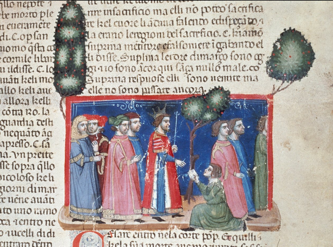 Jules Cesar (101-44 f.Kr.) lærte Catilinas besværgelse i 63 f.Kr., politisk sammensværgelse for at detronere ham Detalje af en manuskriptside "" Facts of the Romans"" (Ms 1538, fol 50r) omkring 1340 Firenze, Biblioteca Riccardiana af Unknown artist