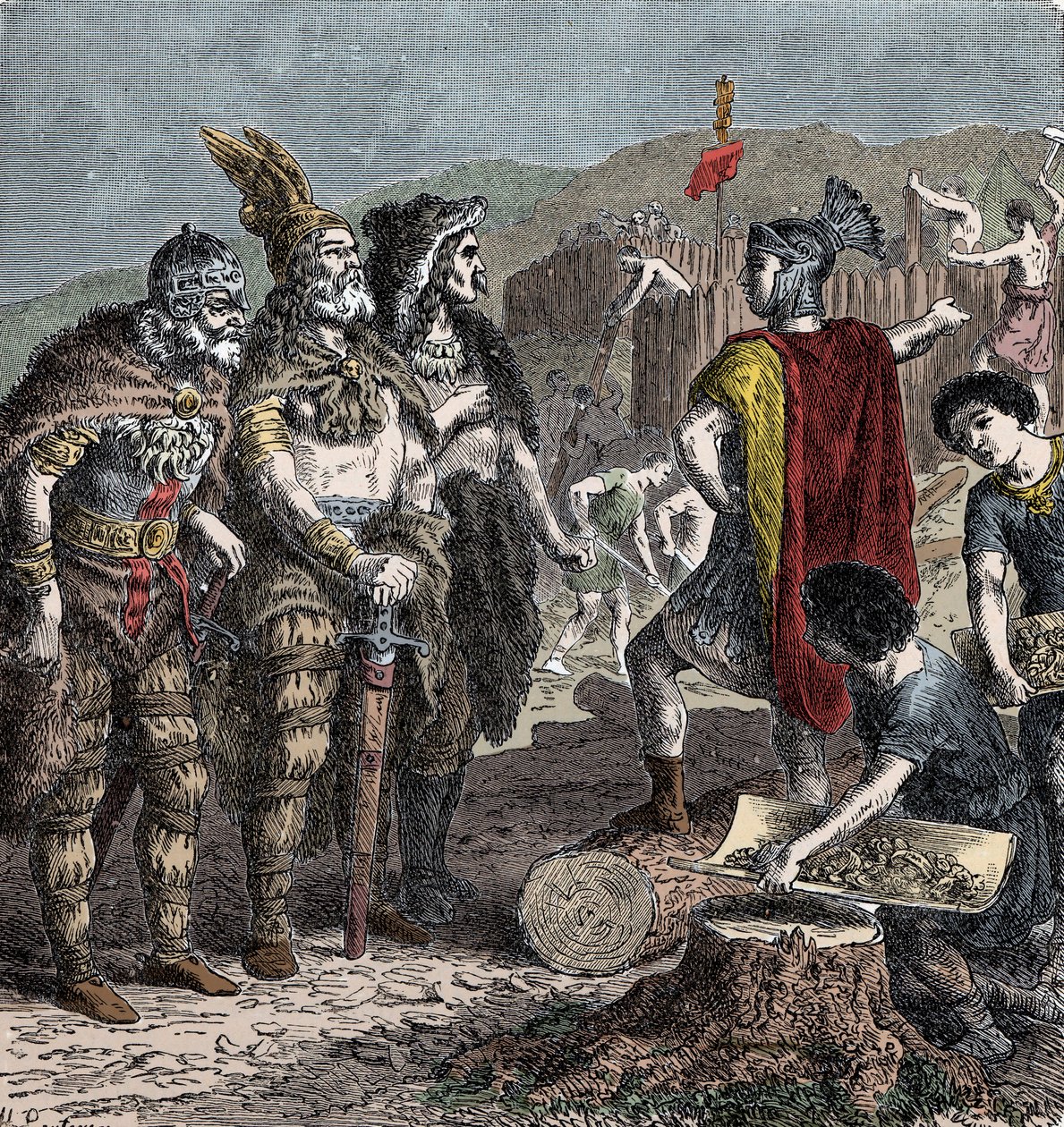 Julianske og frankiske høvdinge - Møde mellem kejser Julian og Franco høvdinge - (Flavius Claudius Julianus (331-363), kaldet Julian den Frafaldne, også kaldet Filosoffen Julian eller Julian II eller Kejseren Julian) - gravering fra slutningen af det 19. af Unknown artist