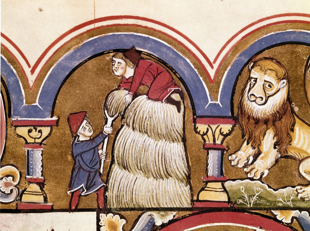 Juli: Landbrug: bønder, der høster. Detalje af en miniature taget fra "" The Psalter of Saint Elizabeth""" Cividale fra det 13. århundrede, Museo Archeologico af Unknown artist