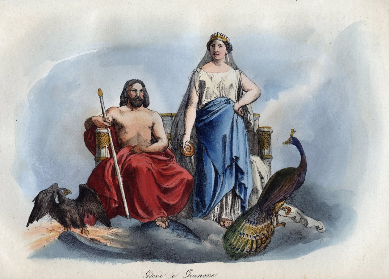 Jupiter og Juno - indgravering fra "" Skikke og traditioner for alle folk i universet. Det vil sige historien om regeringen, lovene, militsen, om alle nationers religion fra de fjerneste tider til i dag "1856 af Unknown artist
