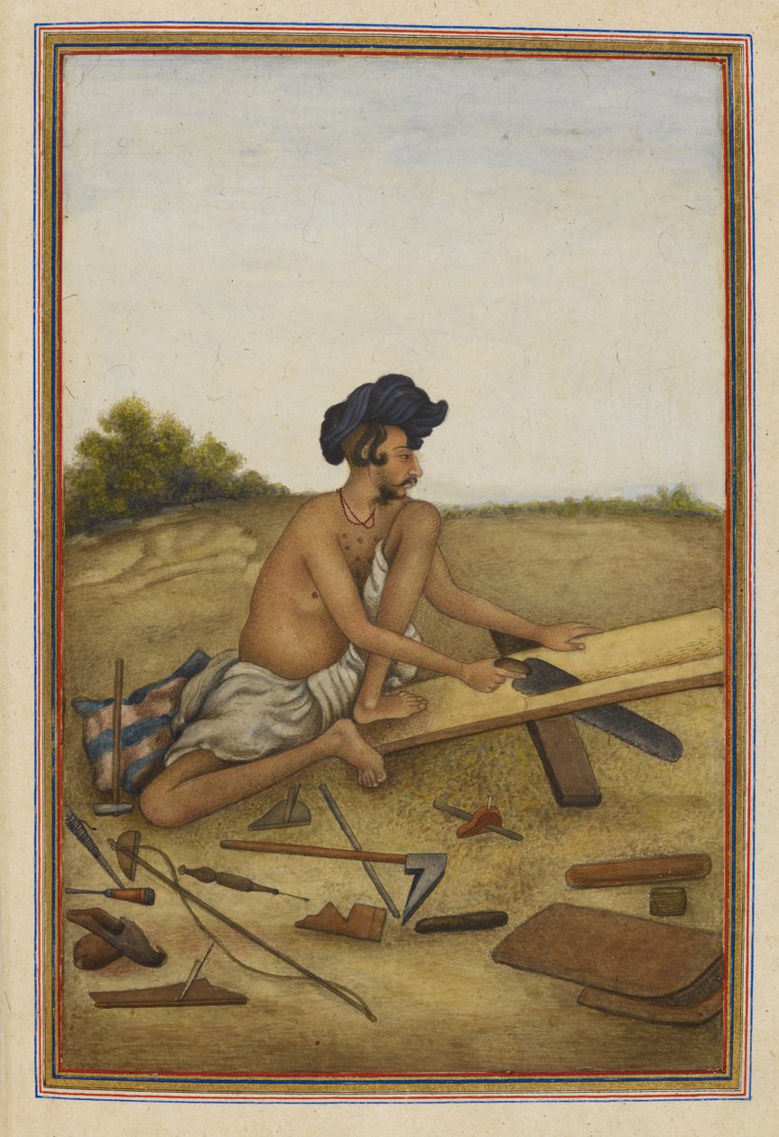 Khati eller Tarkhan, tømrerkaste af Panjab. Mand, der saver en planke. af Unknown artist