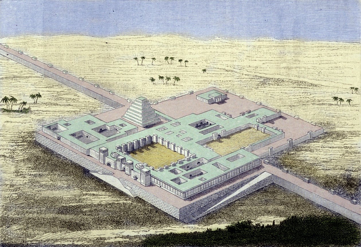 Khursabad (Irak). Genopbygning af paladset Sargon II, konge af Assyrien fra 722 til 705 f.Kr. Gravering af det 19. århundrede. af Unknown artist