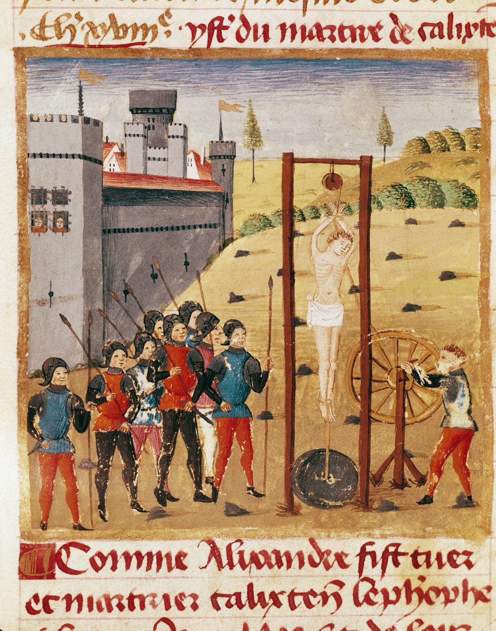 Kong Alexander den Store (356-323 f.Kr.) overværer henrettelsen af den ædle Calixten Cephobe ved at hænge""" Miniature taget fra "" Book of Facts of Alexander the Great""" af Quintus Curtius Rufus (1. århundrede) (ms 1335, fol. 167 v af Unknown artist
