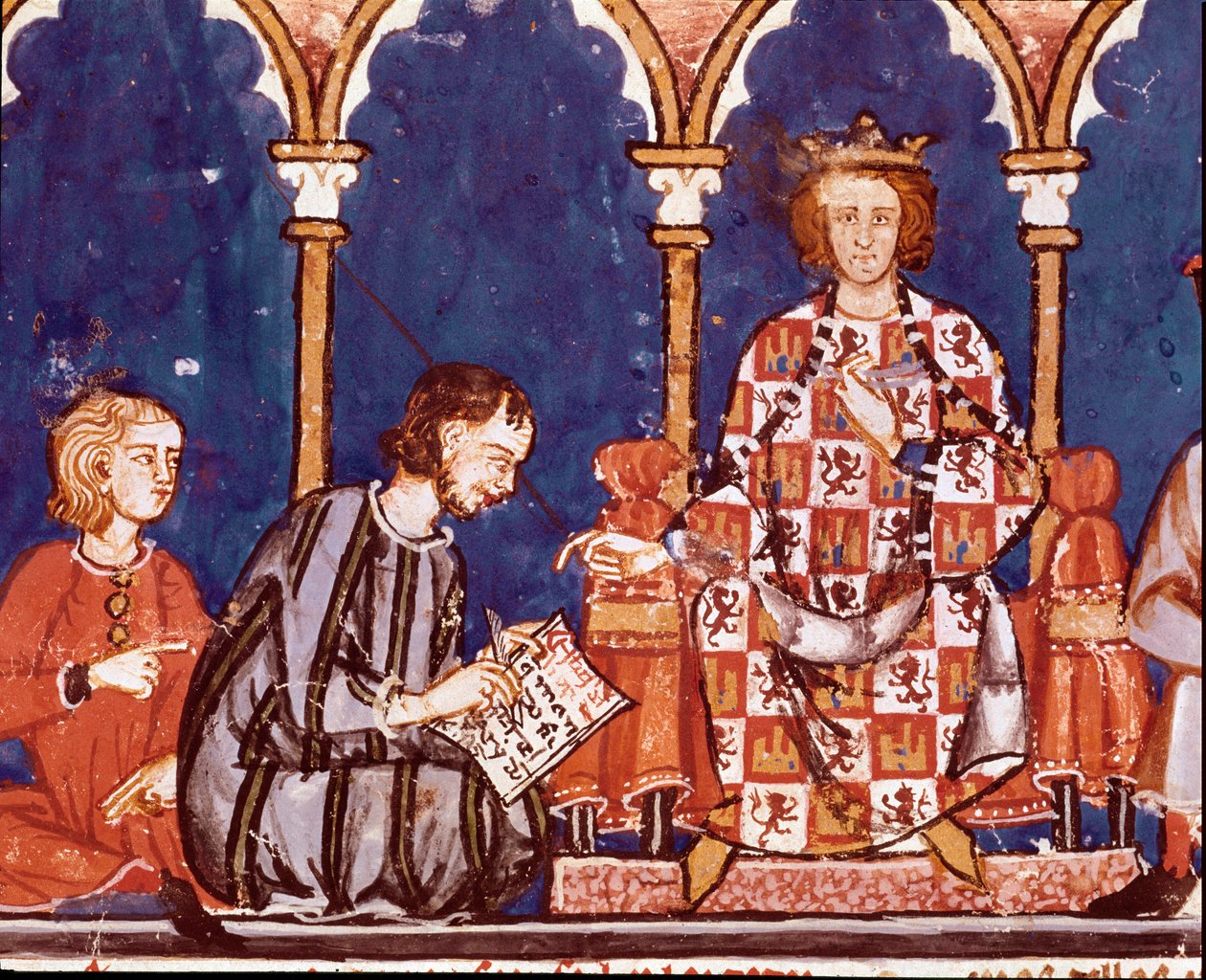 Kong Alfonso X den kloge mand hjælper med at skrive. Detalje af en miniature fra Bogen om skak, terninger og borde af Alfonso X den Vise (1221-1284). 1282. St. Lawrence af The Scorial. Det Kongelige Bibliotek af Unknown artist
