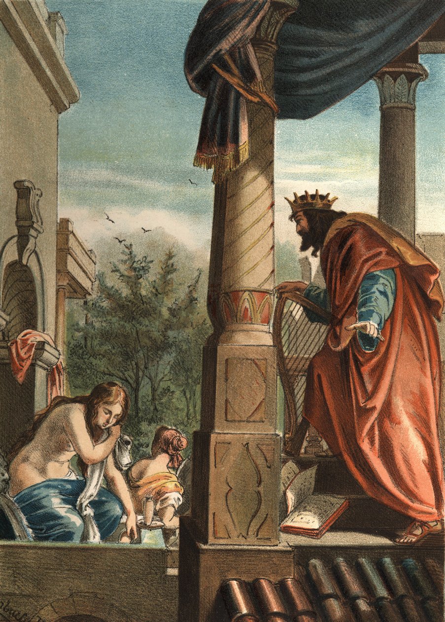 Kong David og Bethsabee, hans fremtidige hustru i badet, i "El Culto de la Hermosura" af Juan Justo Huguet, Molinas Hermanos redaktører af Unknown artist