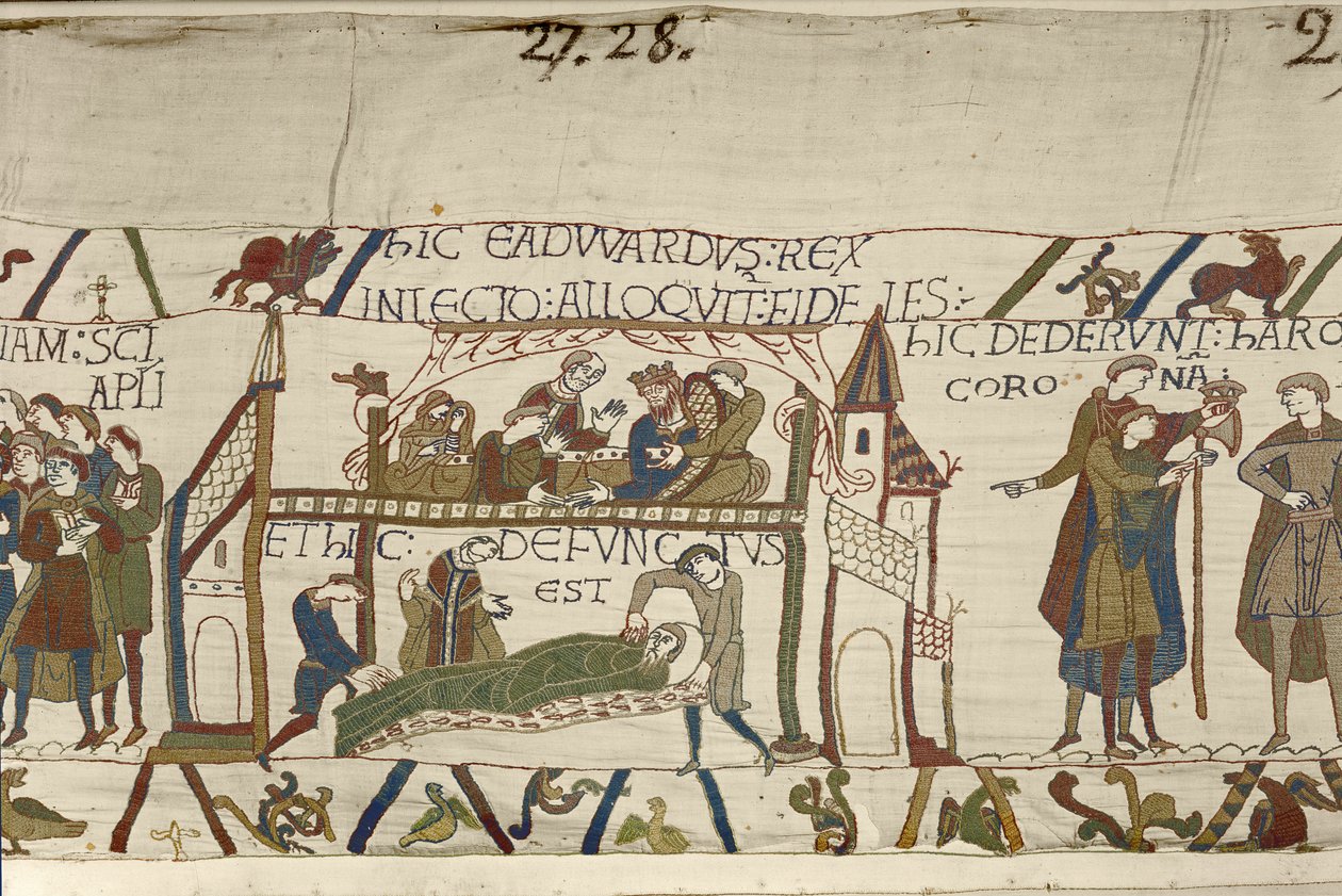 Kong Edward Bekenderen på sit dødsleje, Bayeux-tapet (uldbroderi på hør) af Unknown artist