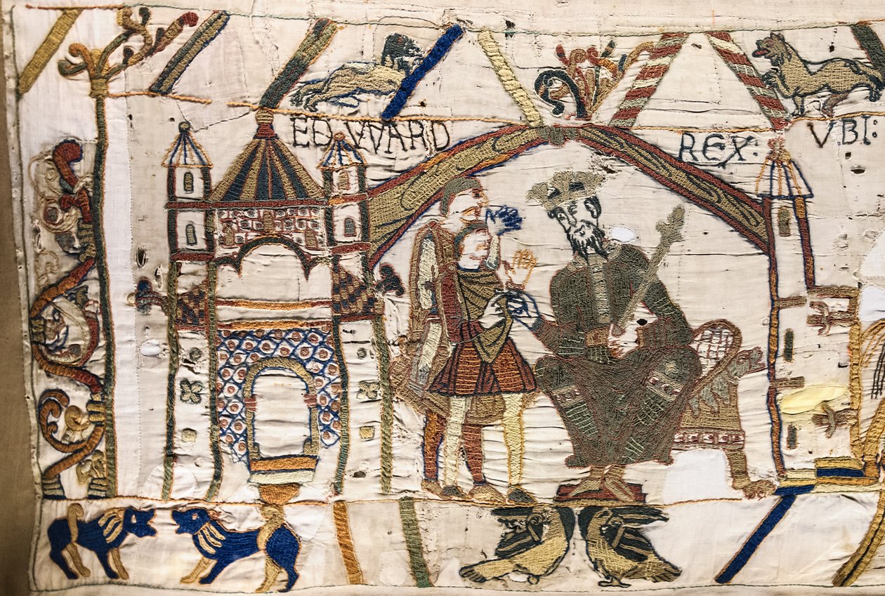 Kong Edward Bekenderen sender Harold til Normandiet, Bayeux Tapestry (uldbroderi på hør) af Unknown artist