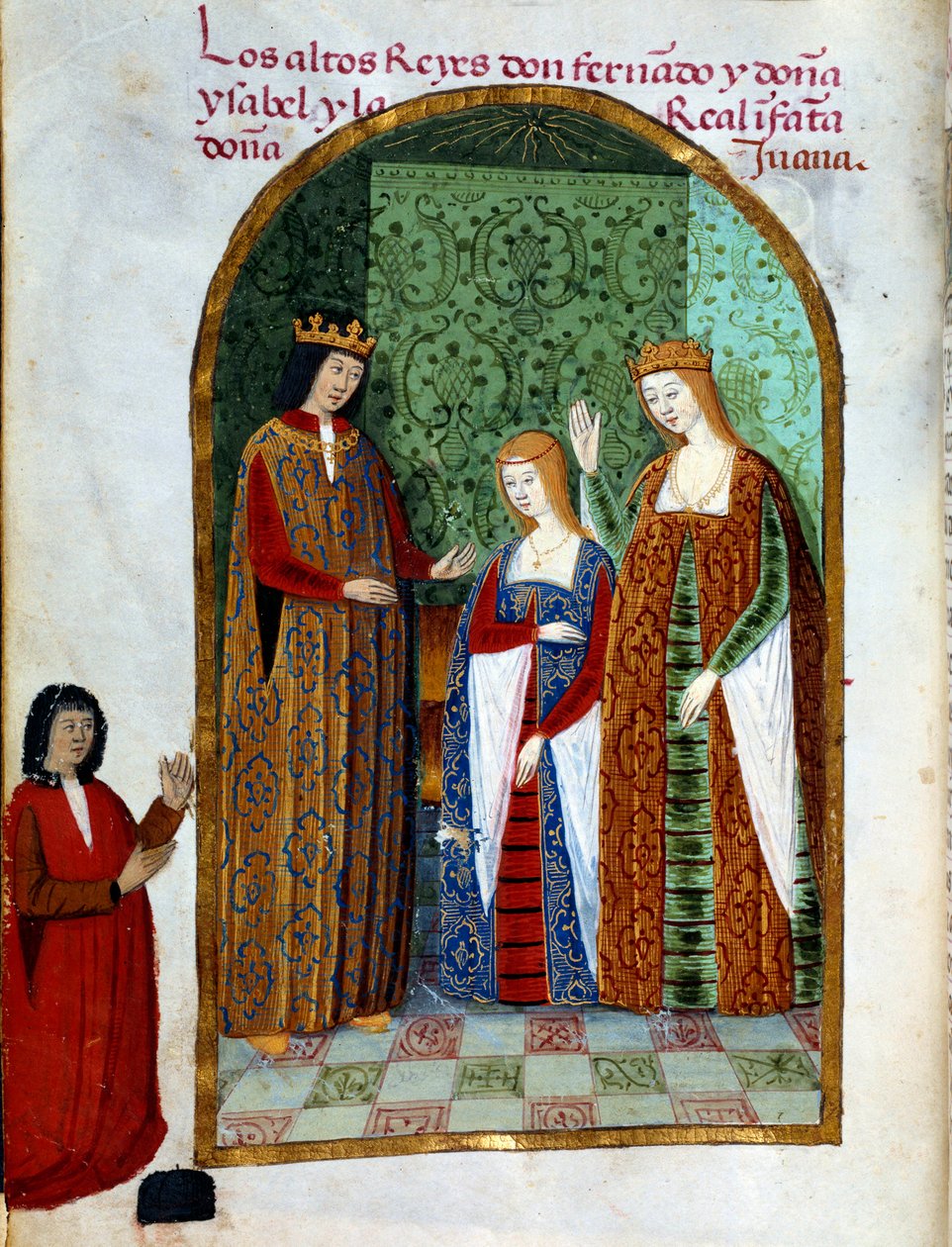 Kong Ferdinand II, konge af Aragon og Sicilien (1452 - 1516), Joan, dronning af Castilla (1479 - 1555) og Isabella I af Castilla (også kendt som den katolske), dronning af Spanien (1451 - 1504). Miniature i "" Andagt af Dronning Da Juana, som de kaldte den af Unknown artist