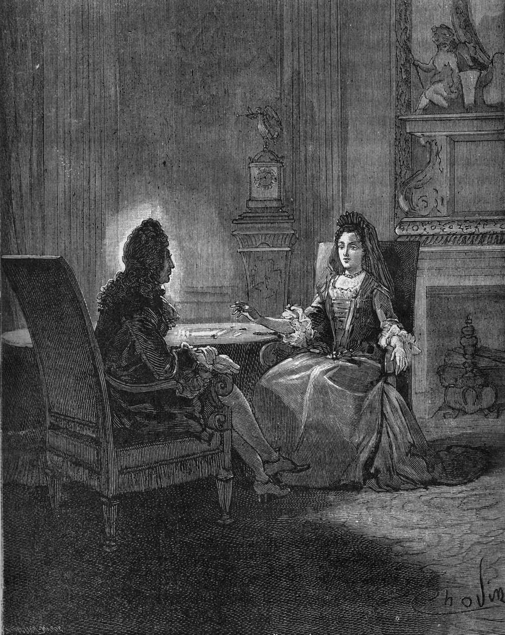 Kong Ludvig XIV (1638-1715) taler med sin kommende hustru, Madame de Maintenon (Francoise d