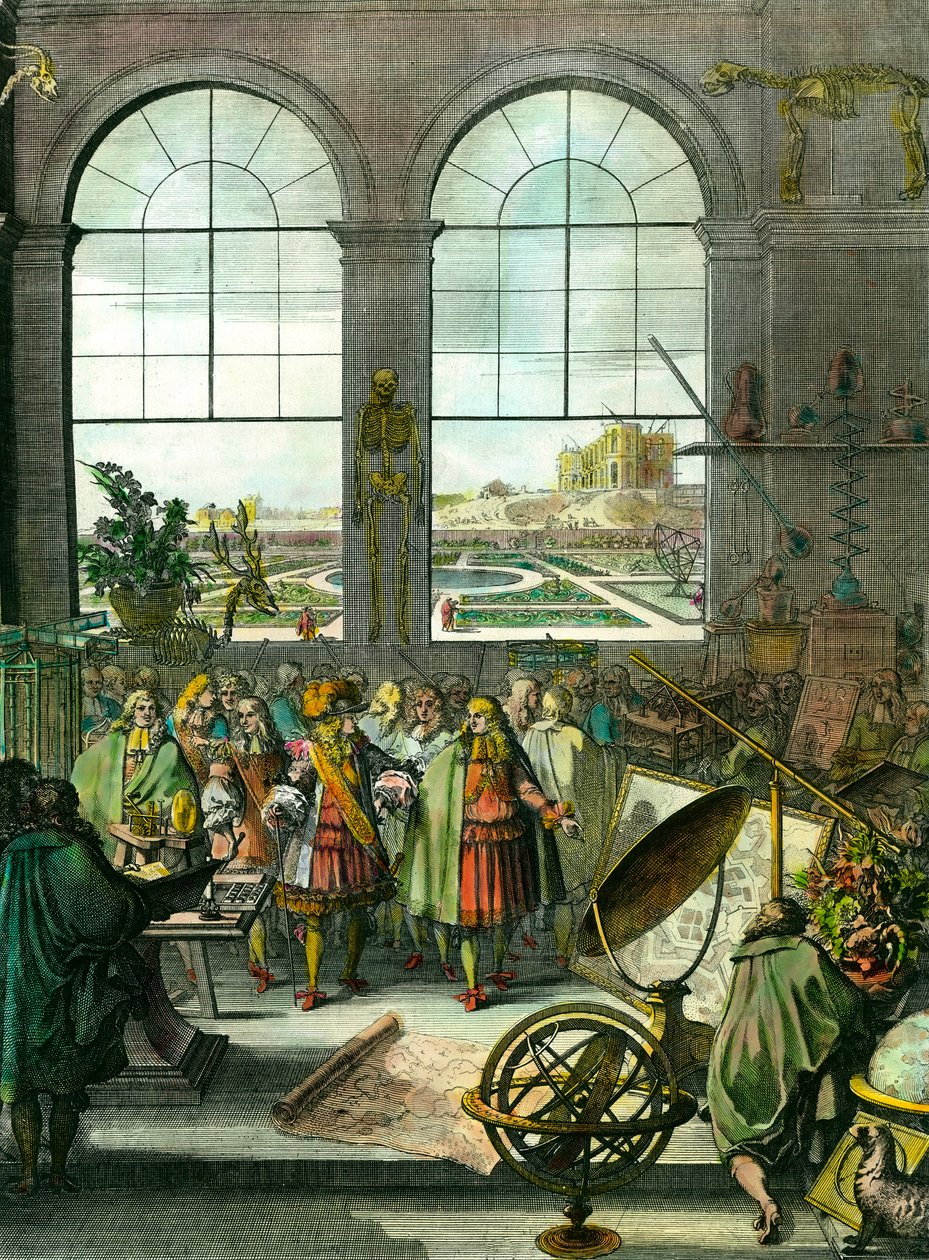 Kong Ludvig XIV (1638-1715) besøger stedet, i baggrunden Paris Observatory stadig under opførelse. Forskellige videnskabelige instrumenter, armillarsfærer, skeletter, kort, astronomiske linser, globus, udstoppede dyr er til stede. Frontispice af "" Natur af Unknown artist