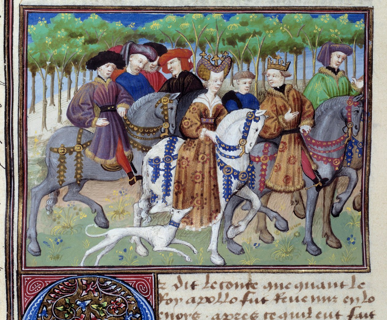 Konge og dronning går på jagt (Philip VI af Valois og Blanche af Navarra (?)) Miniature fra Le livre de la chasse"" af Gaston III Phoebus, greve af Foix, Lord of Bearn (1331-1391) af Unknown artist