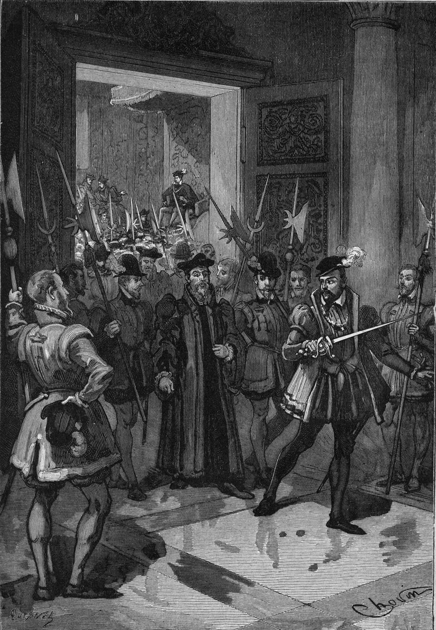 Kongen af Frankrig, Henrik II (1519-1559), i midten og beordrede sin konnetable til at gribe rådgiverne. Indgravering af det 19. århundrede. I "Histoire de France" af Jules Michelet af Unknown artist