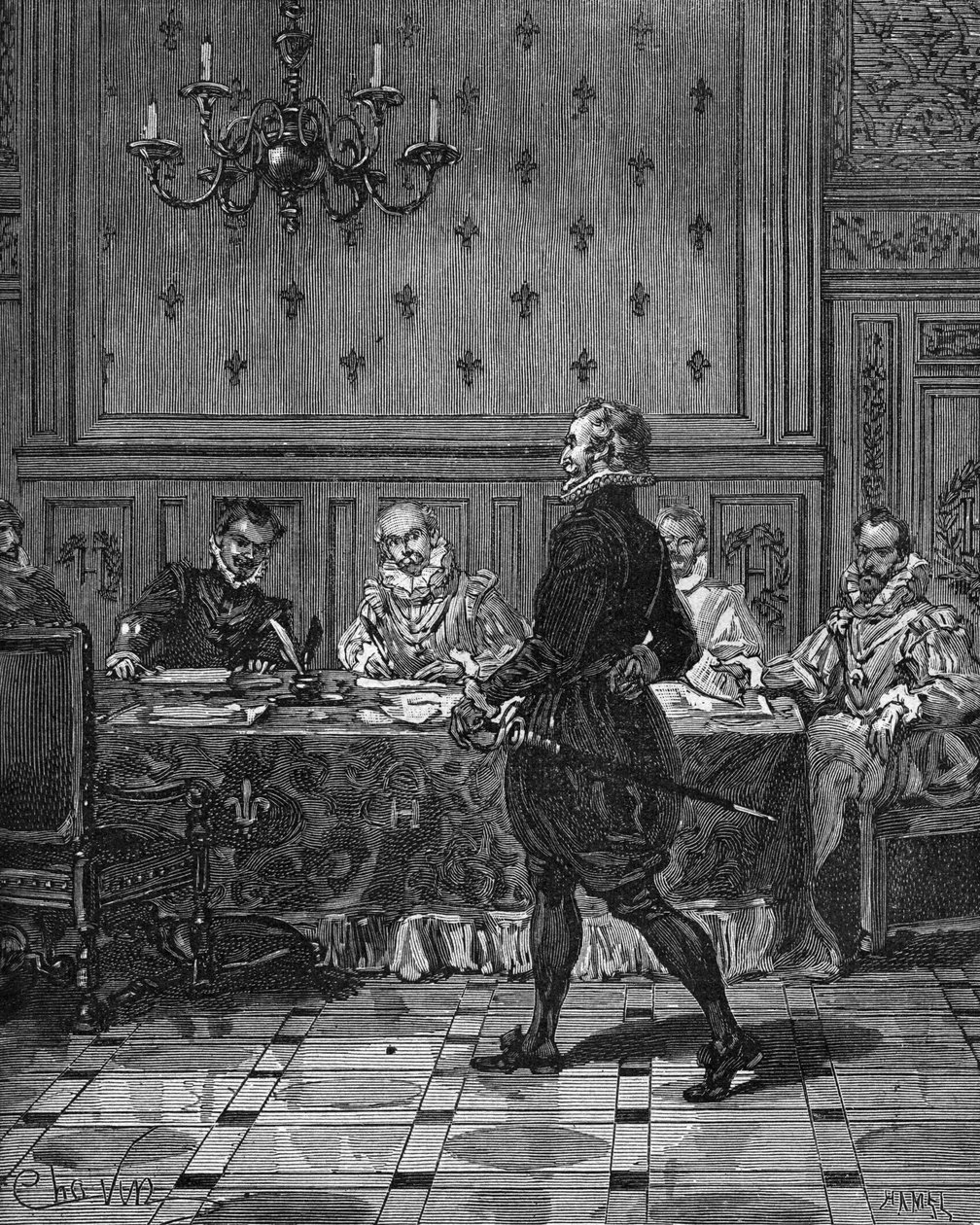 Konge af Frankrig Henrik IV (1553-1610) (stående) ved et møde med sine ambassadører. Indgravering af det 19. århundrede. I "Histoire de France" af Jules Michelet af Unknown artist