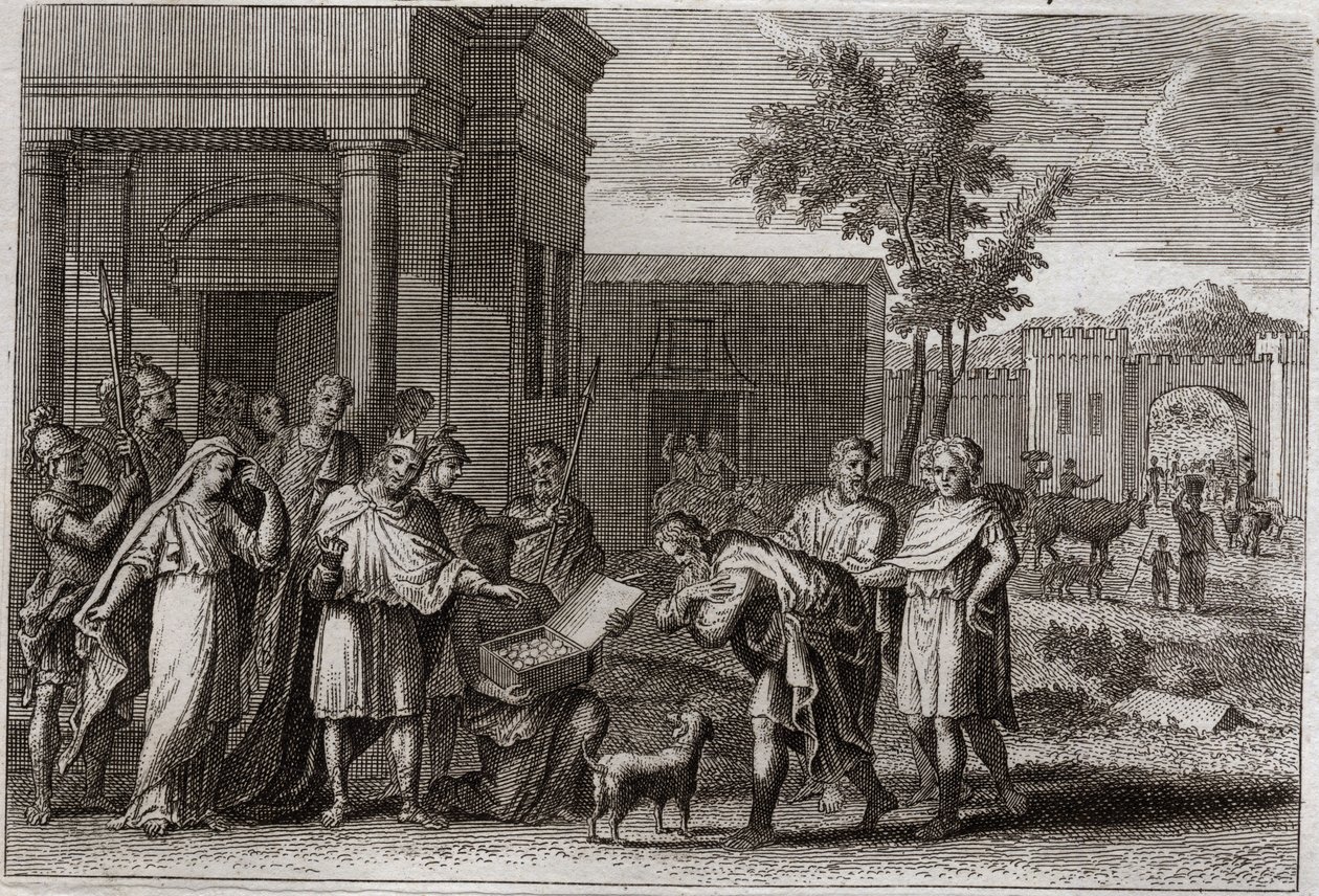 Rigsbibelen, Det Gamle Testamente: Abimelek straffet af Gud. Abimelek (Abimelek eller Ahimelek eller Ahimelek), konge af Gerar, der med magt har taget Sara (Sarah), Abrahams hustru, men som han troede kun var hans søster, bliver vildledt af Gud og giver he af Unknown artist