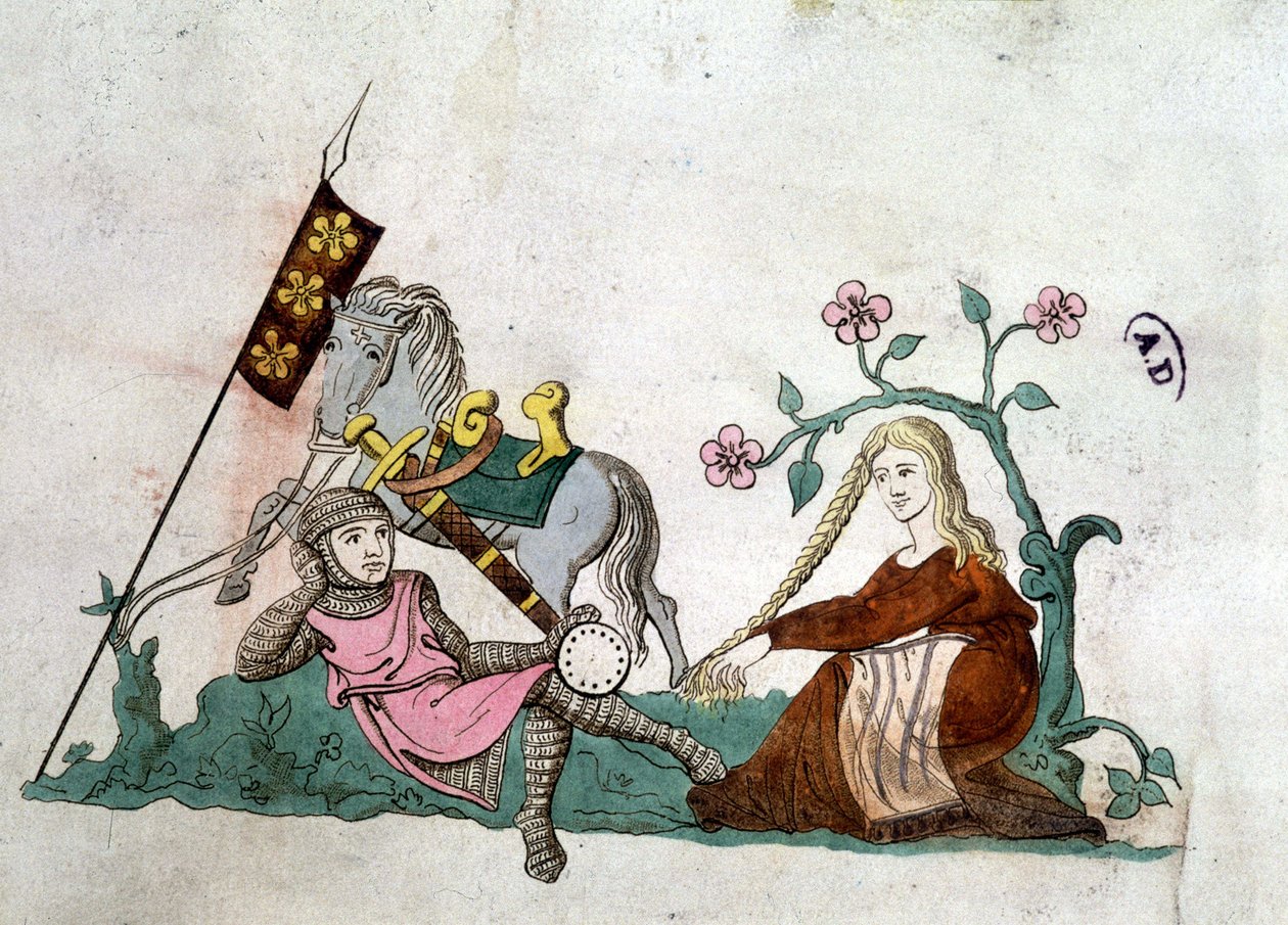 Ridder og Gente Lady - gengivelse efter en "Latin Psalter" fra det 14. århundrede af Unknown artist
