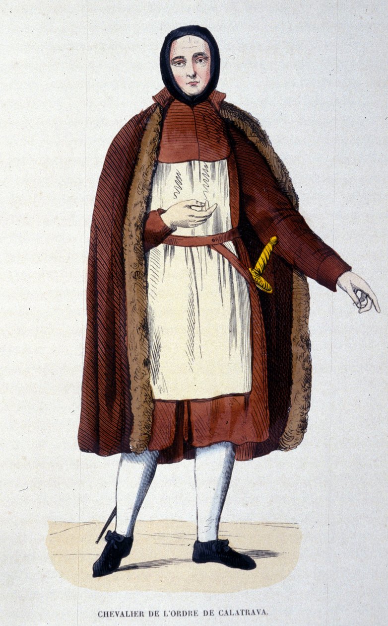 Ridder af Calatrava-ordenen. En gruppe religiøse og riddere forsvarede byen Calatrava i Spanien mod castilianerne i 1145 og 1158. Ordenen blev knyttet til Spaniens krone i 1523 med kongen som stormester. Indgravering af det 19. årh af Unknown artist