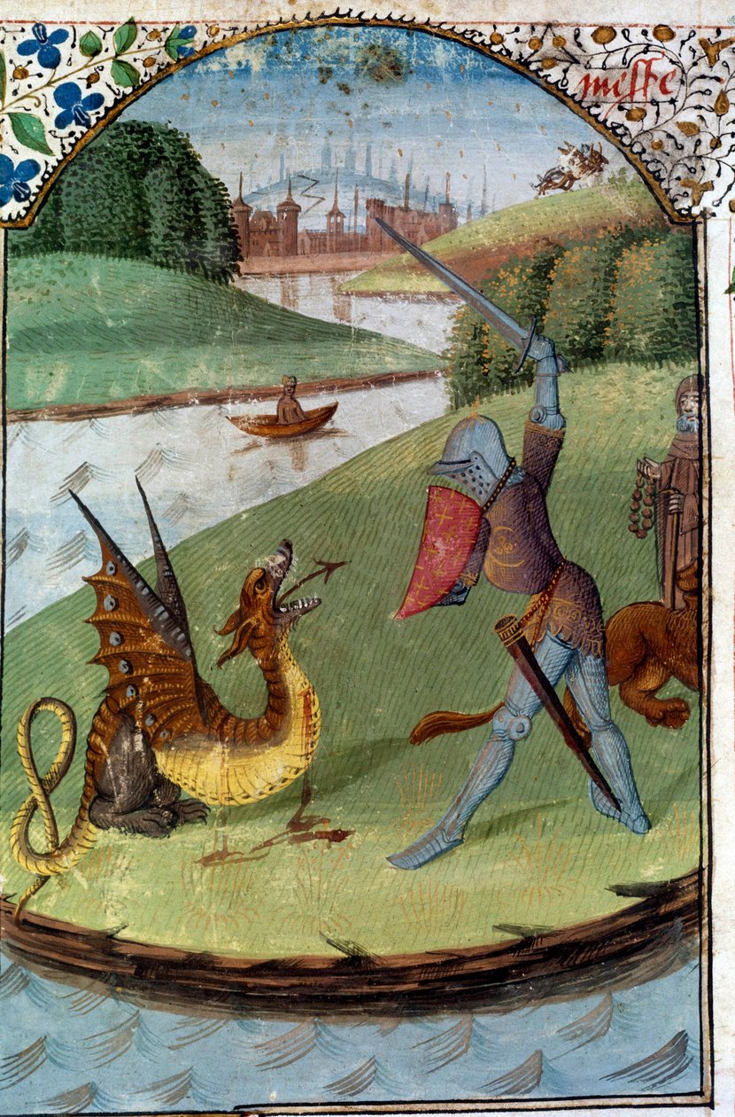 Riddere af det runde bord: "Lancelot kæmper mod dragen"" Manuskript miniature "" Romanen om Lancelot du Lac"" af Unknown artist