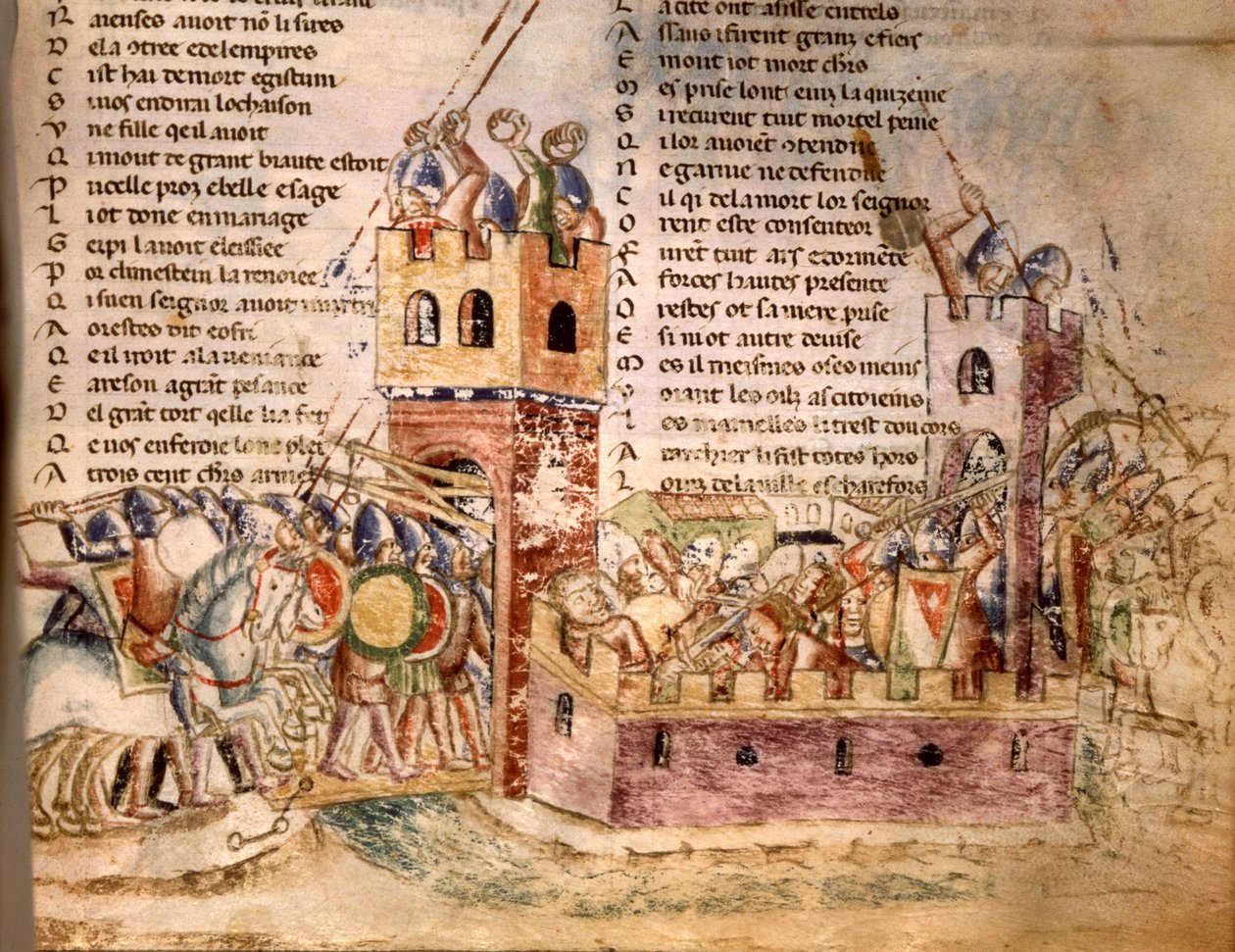 Riddere stormede et slot. 12. århundredes manuskript. Bibl. Marciana Venedig. af Unknown artist