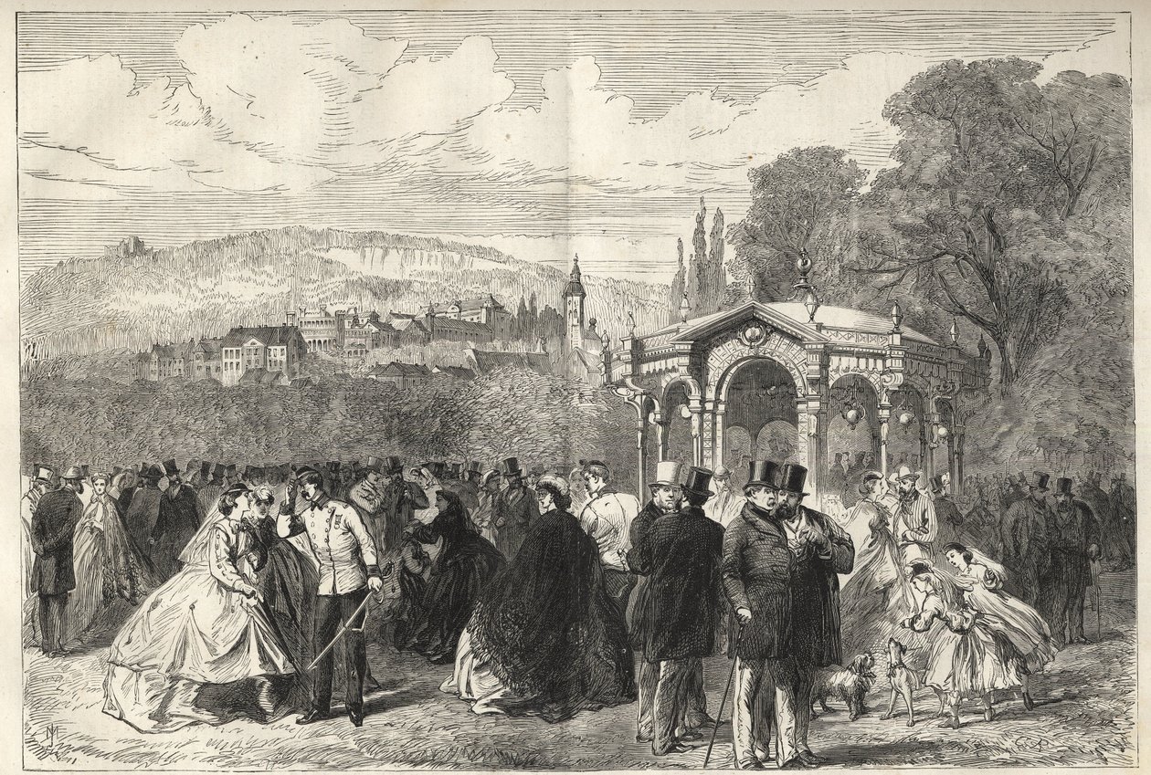 Konversationshaus - Baden Baden (Baden-Baden), Tyskland - Gåturen foran samtalehuset - Generel udsigt over Baden-Baden fra haverne i Samtalehuset - 1867 af Unknown artist