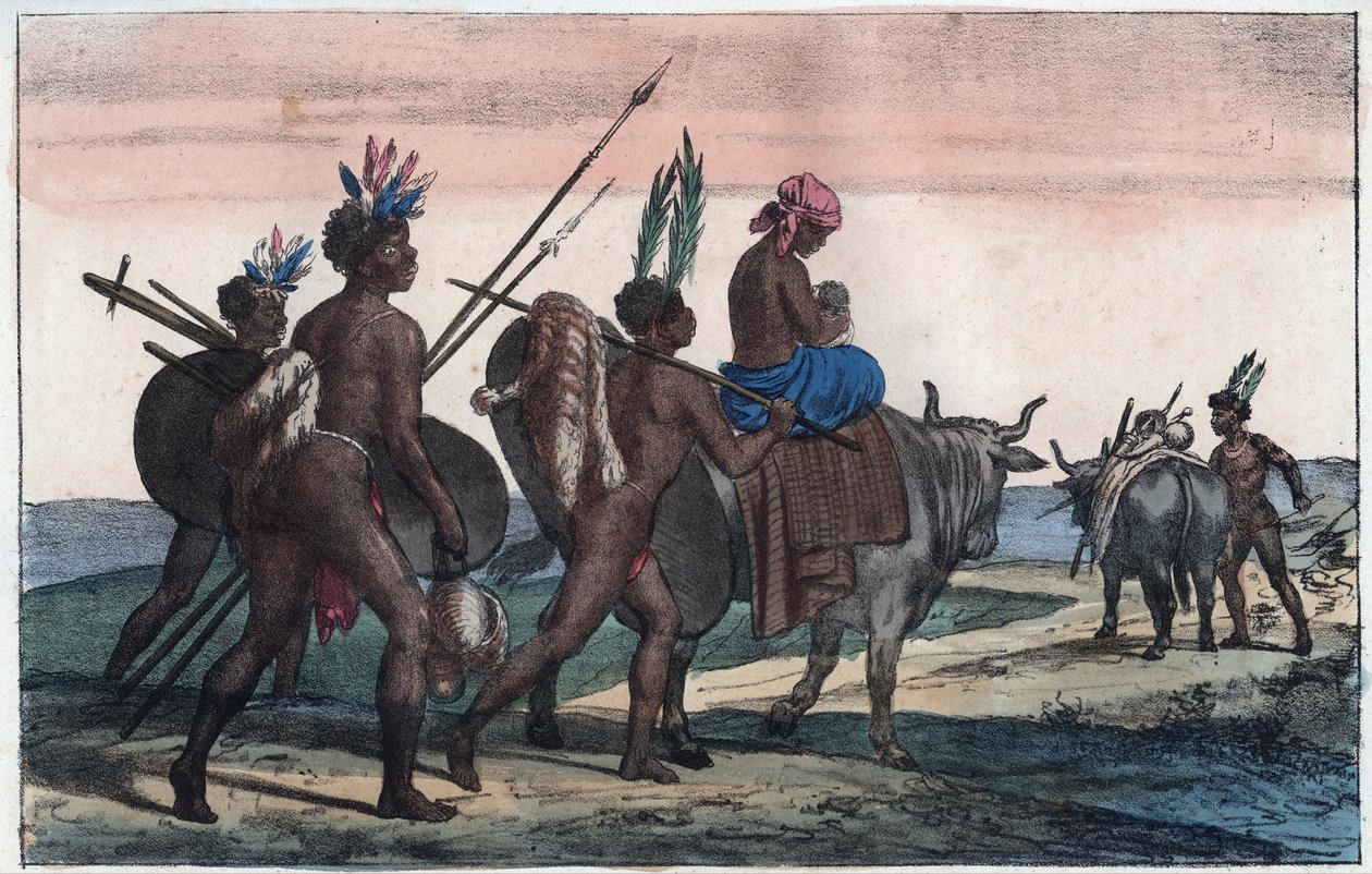 Korah Hottentots fra Kap på farten - gravering fra "" Skikke og traditioner for alle folk i universet. Det vil sige historien om regeringen, lovene, militsen, om alle nationers religion fra de fjerneste tider til i dag "1856 af Unknown artist