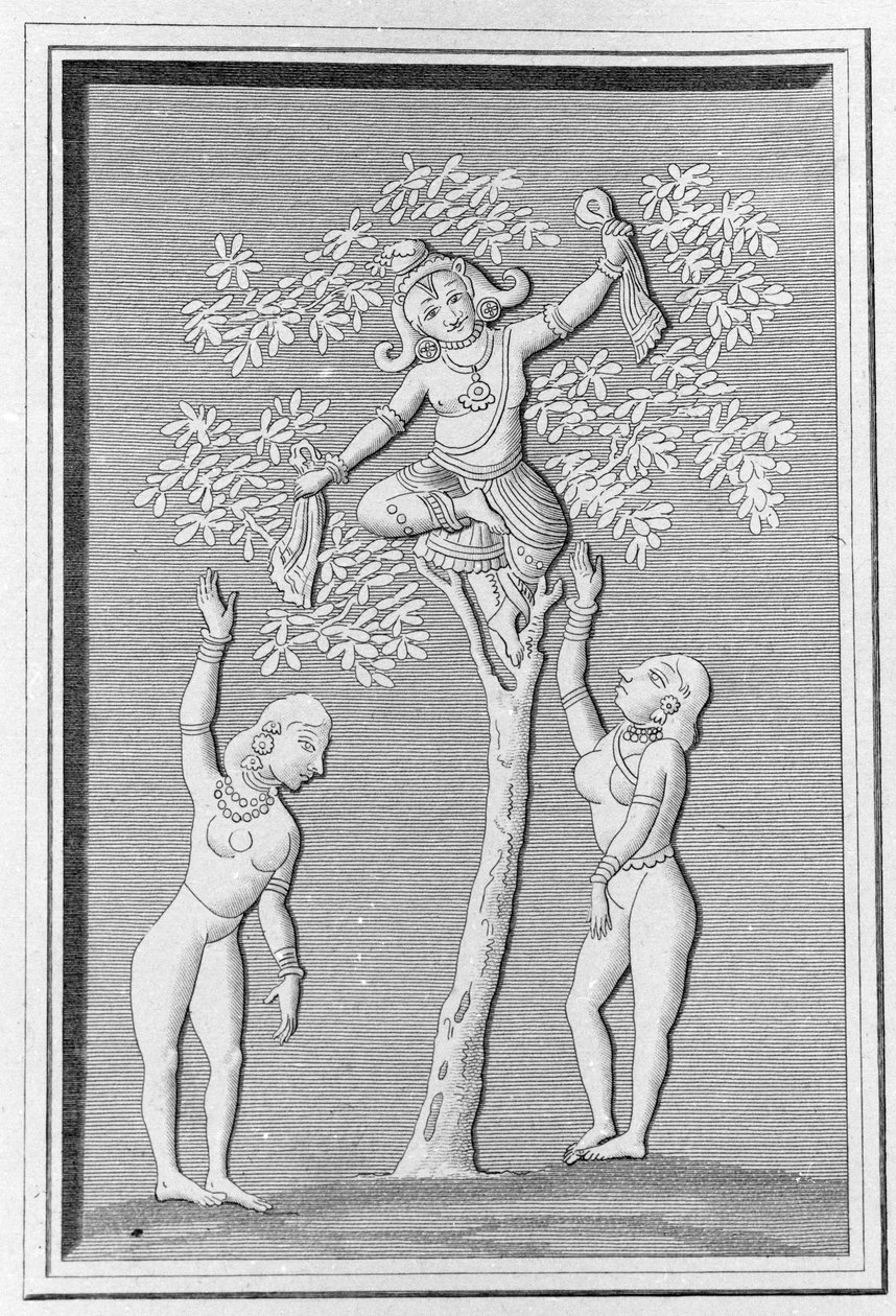 Krishna flyver med to gopis. indgravering i ""Ancient and Modern Monuments of Hindustan"" af L.M. Langles, Paris 1821. af Unknown artist
