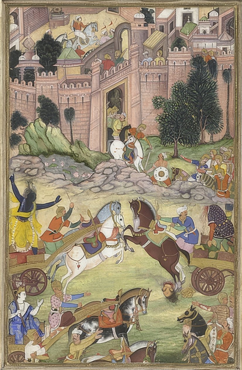 Krishna dræber dæmonen Sri Gala (scene fra Harivamsa). Omkring 1585-95 af Unknown