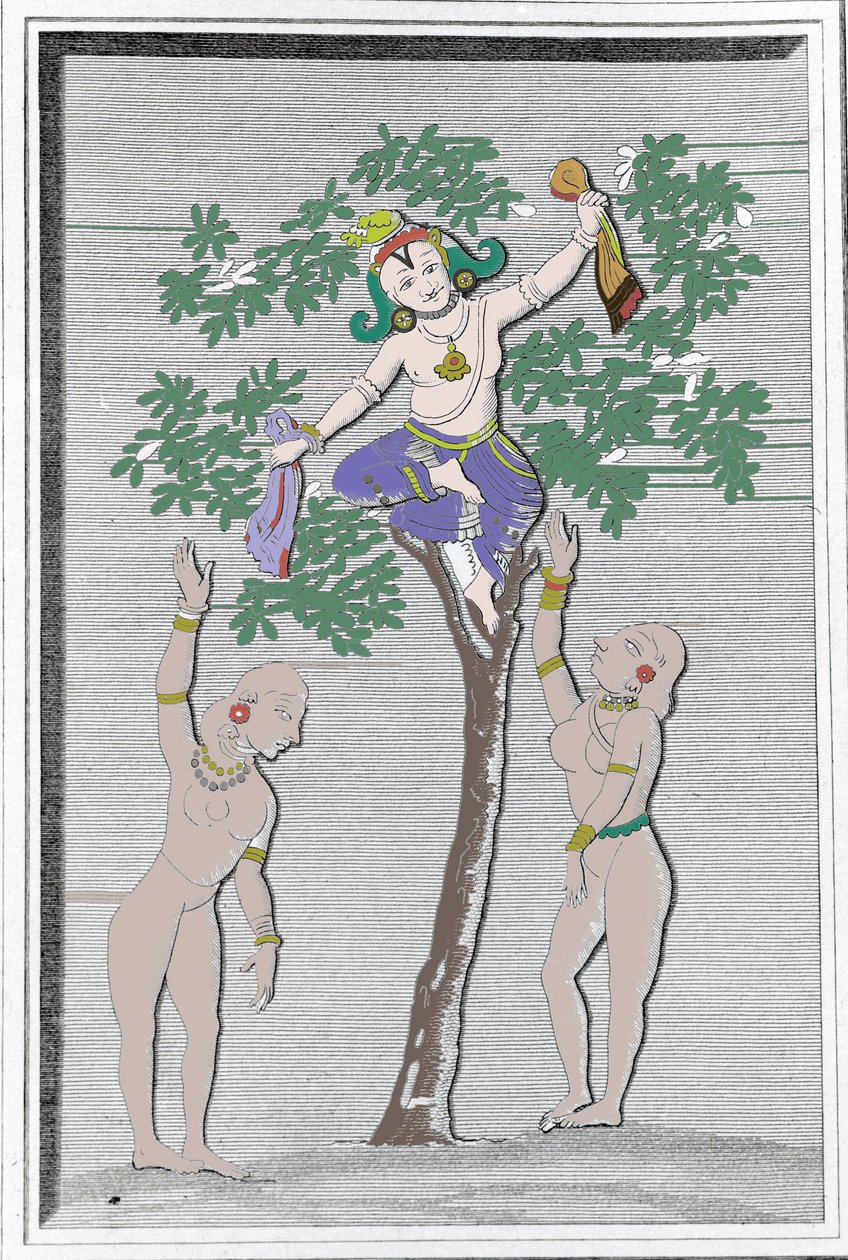 Krishnah stjæler kjolerne fra to gopi. L. M. Langlès: "" Gamle og moderne monumenter i Hindustan" Paris af Unknown artist