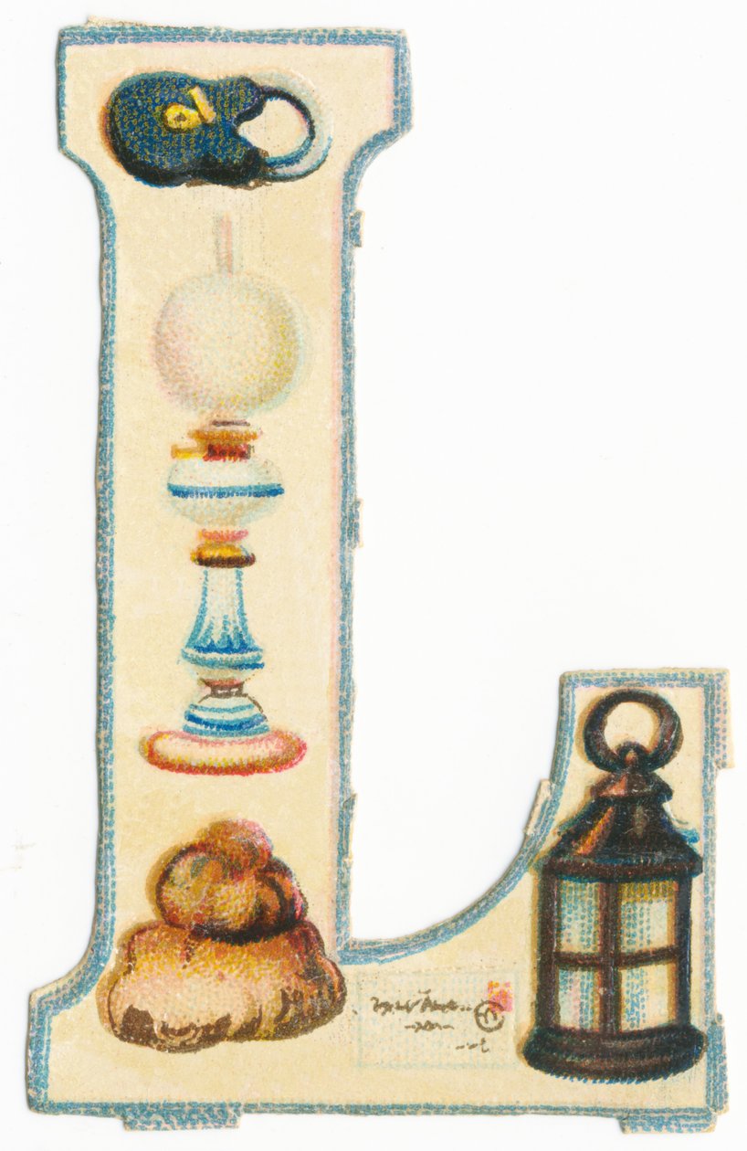 L: lås, lampe, masser af, bogstav, lanterne (farve litho) af Unknown artist