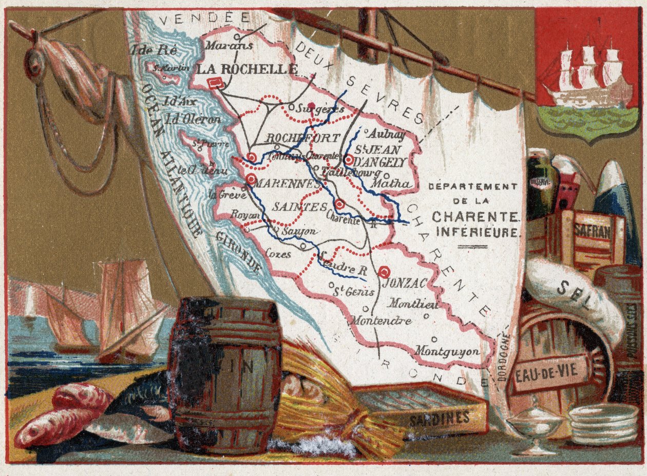 La Charente Inferieure, Poitou Charentes, Frankrig. Vin, brandy, sardiner, salt, safran, tørfisk, ca. 1920 af Unknown Artist
