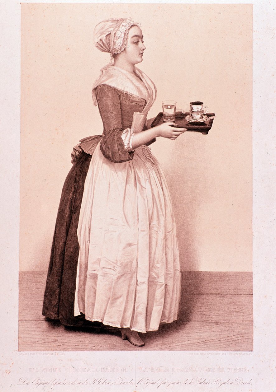 La Chocolatiere de Vienne: ung stuepige, der holder en bakke med en kop varm chokolade. Litografi af det 19. århundredes privatsamling af Unknown artist
