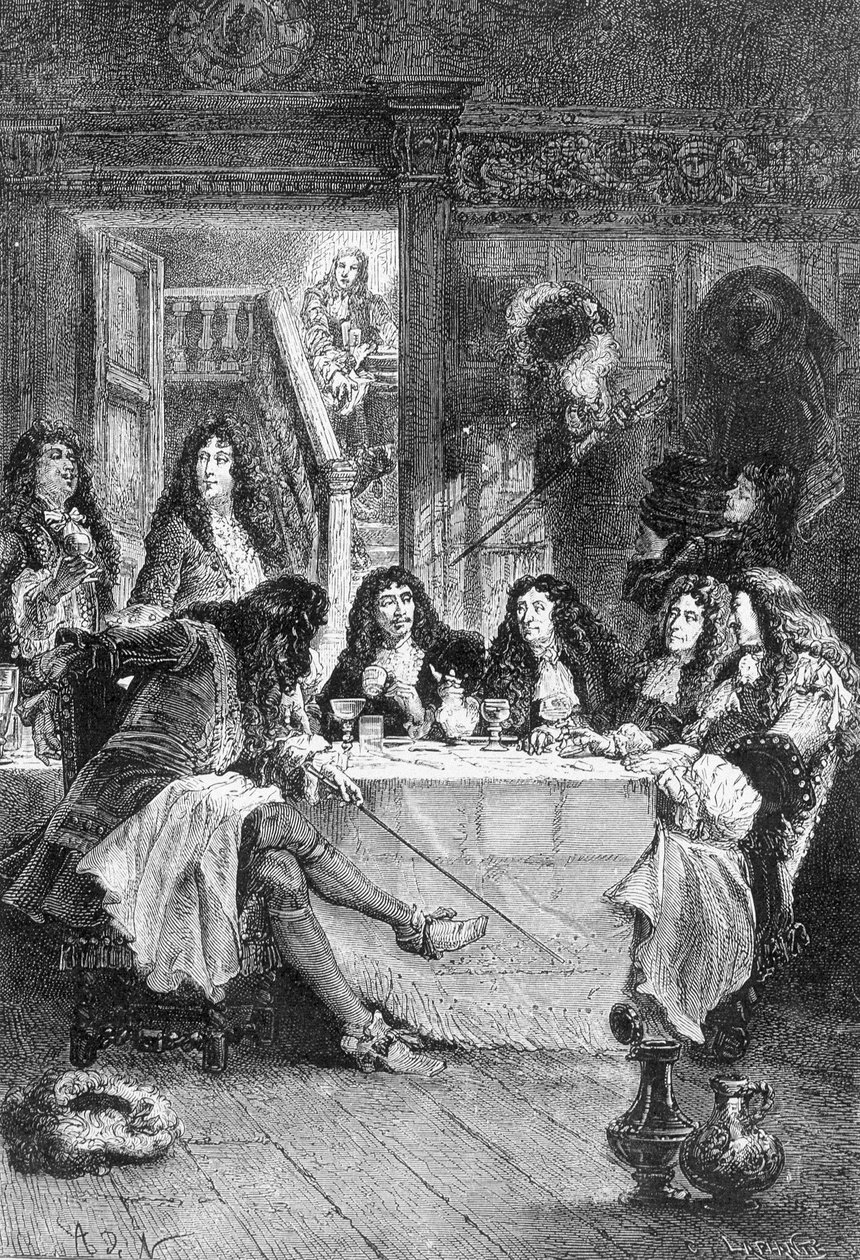 La Fontaine, Boileau, Molière og Racine spiste på kabareten - i "Histoire de France siden de fjerneste tider indtil 1789" af M. Guizot af Unknown artist