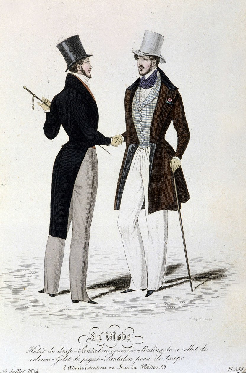 La Mode du 26 juillet 1834: (maskulin mode) jakkesæt - bukser casimir - Redingote med fløjlskrave - vest af piqué - bukser taupe skin og top hat. af Unknown artist