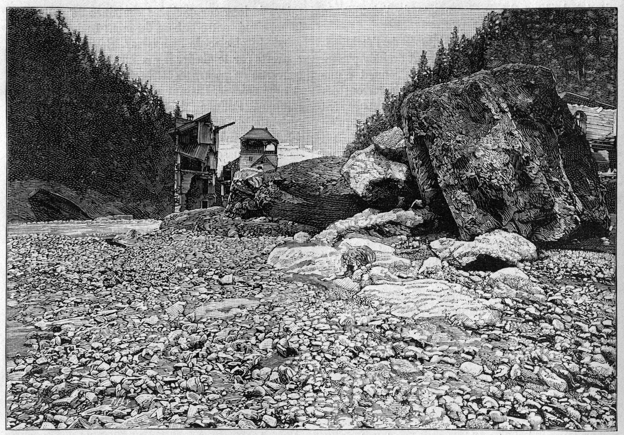 La catastrophe de Saint-Gervais (Saint Gervais) eller catastrophe du glacier de la Tete Rousse (department of Haute-Savoie) (12.-13. juli 1892) - Bains de Saint-Gervais efter katastrofen med de enorme blokke transporteret af åen, Indgravering i "" La Natur af Unknown artist