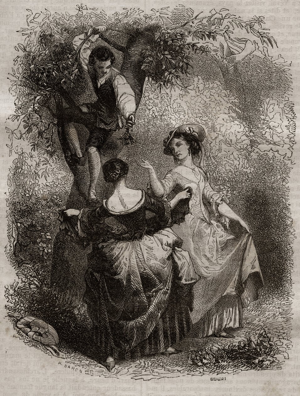 Plukke kirsebær - Illustration til skriftemål" af Jean-Jacques (Jean Jacques) Rousseau (1712-1778) - gravering af 1849 af Unknown artist