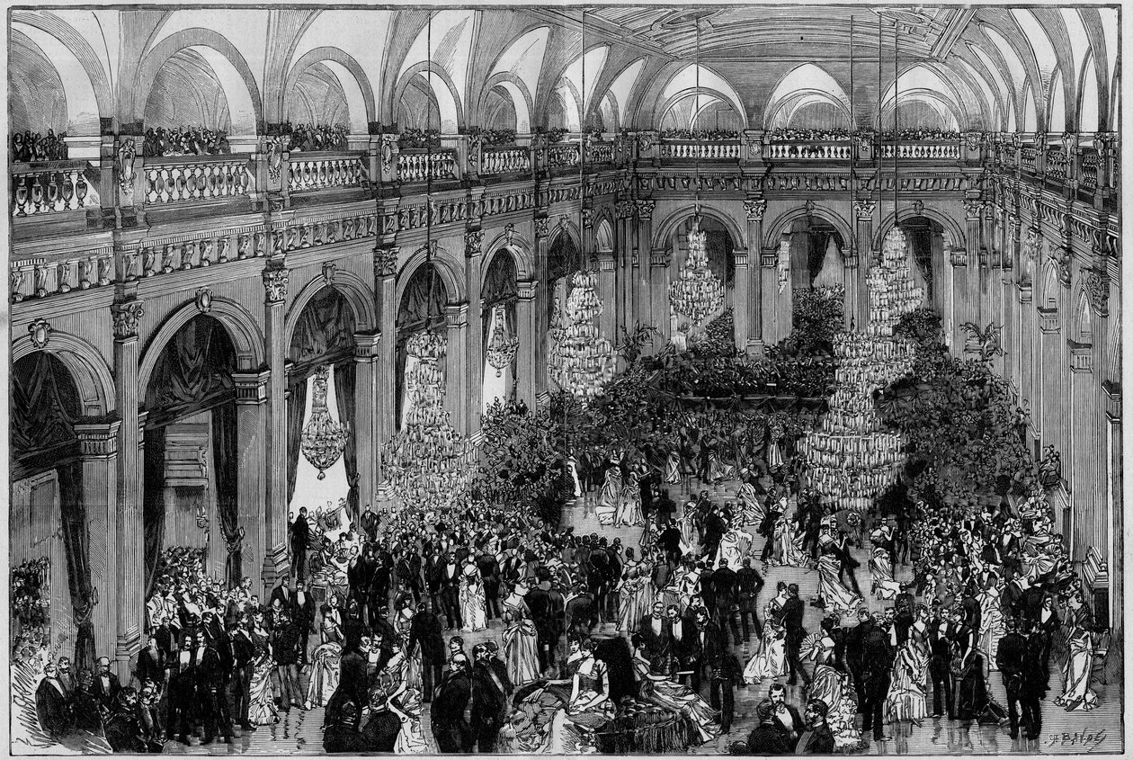 Den store sal på Hôtel de Ville i Paris under den årlige fejring af kommunen. indgravering i "The Illustrated World"" 1885 af Unknown artist