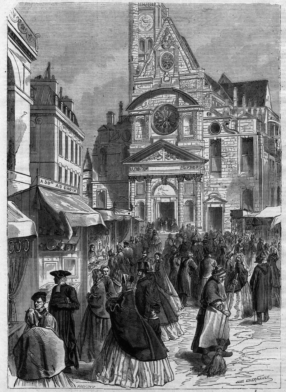 Novenen i Saint Genevieve ved Saint Etienne du Mont (Saint-Etienne-du-Mont) i Paris - Indgravering i "" Le Journal Illustrée"" af Unknown artist