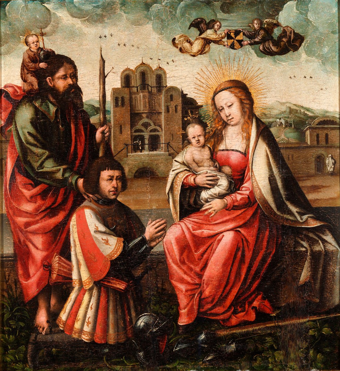 ""The Virgin of Christopher Columbus"" (The Virgin of Cristobal Colon) Madonna og barn med Christopher Columbus og Saint Christopher Anonym maleri 1540 - Olie på træ Dim 52x48 cm Museo Lazaro Galdiano, Madrid af Unknown artist