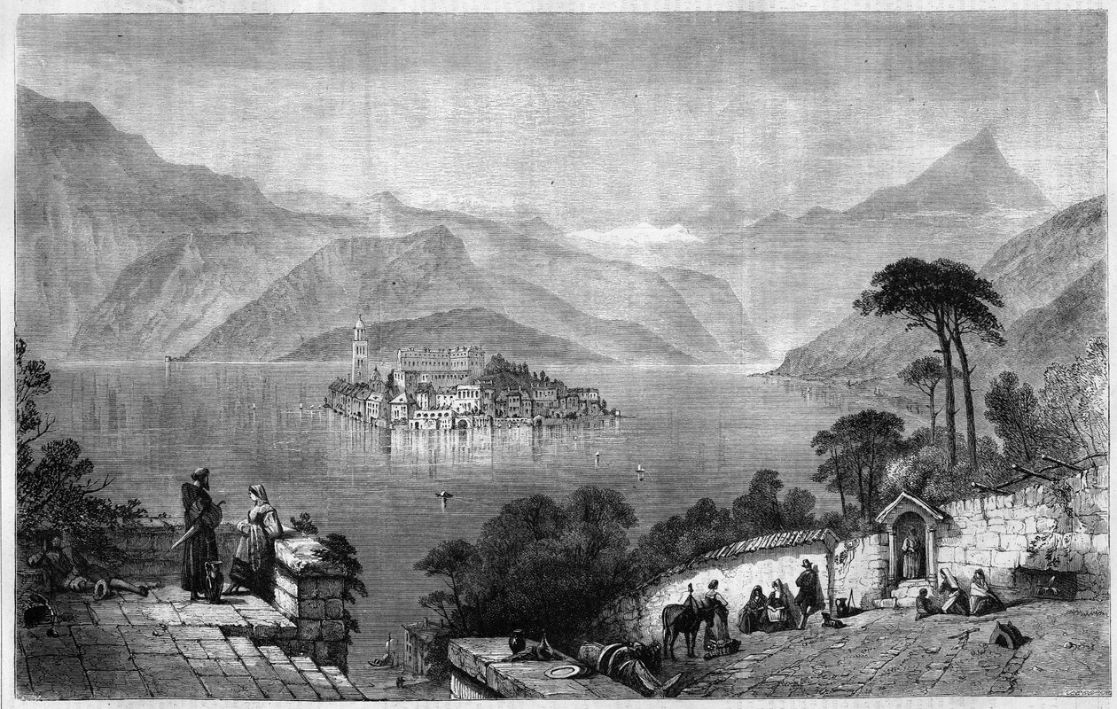 Orta-søen (Lake Cusio) (midt på øen San Giulio (Saint Jules) i provinsen Novara i Italien. Indgravering fra 1865. af Unknown artist