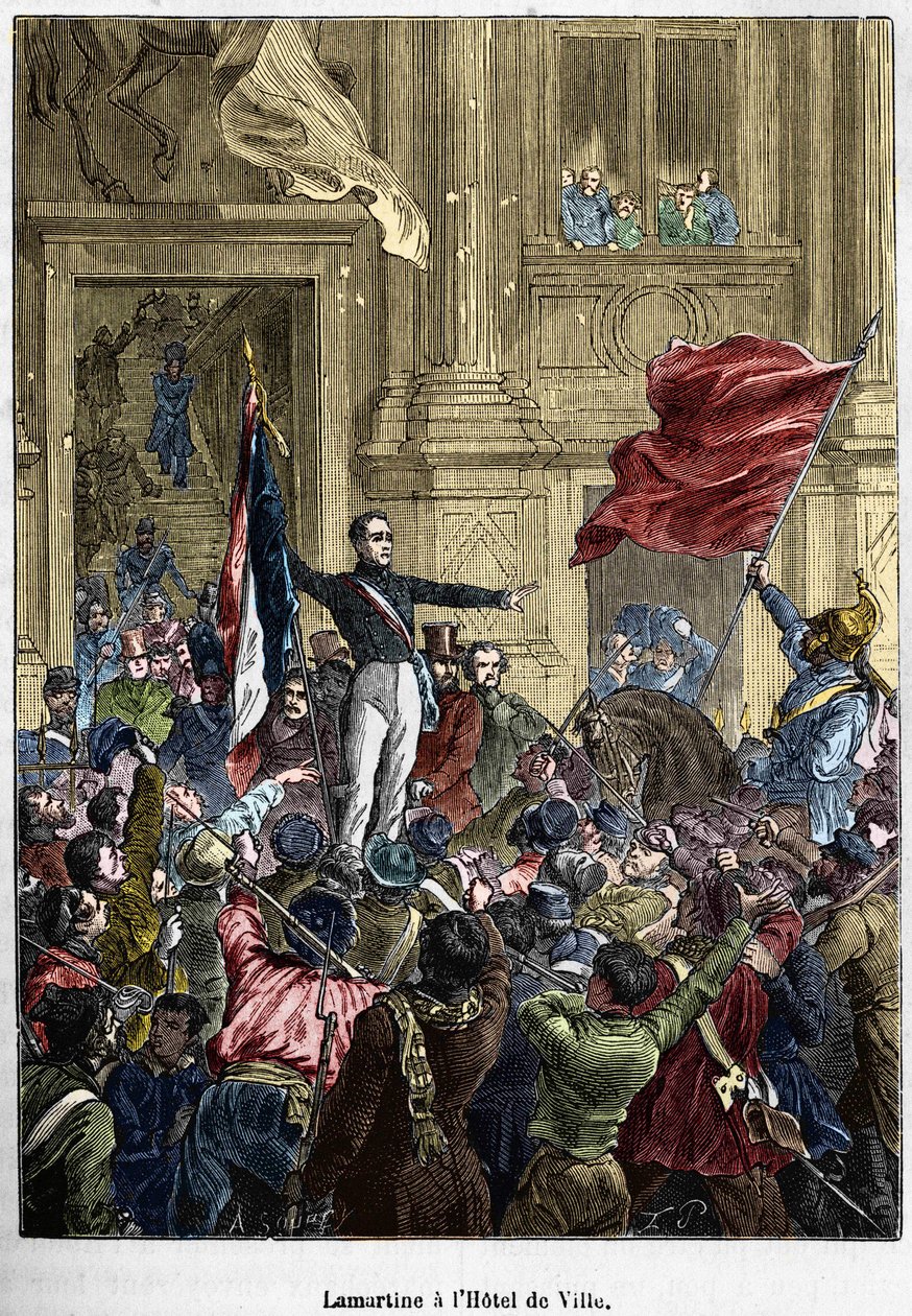 Lamartine (1790 - 1869), nægtede det røde flag til det trefarvede flag, på rådhuset. Paris, 26. februar 1848. Bianchetti-samling. af Unknown artist