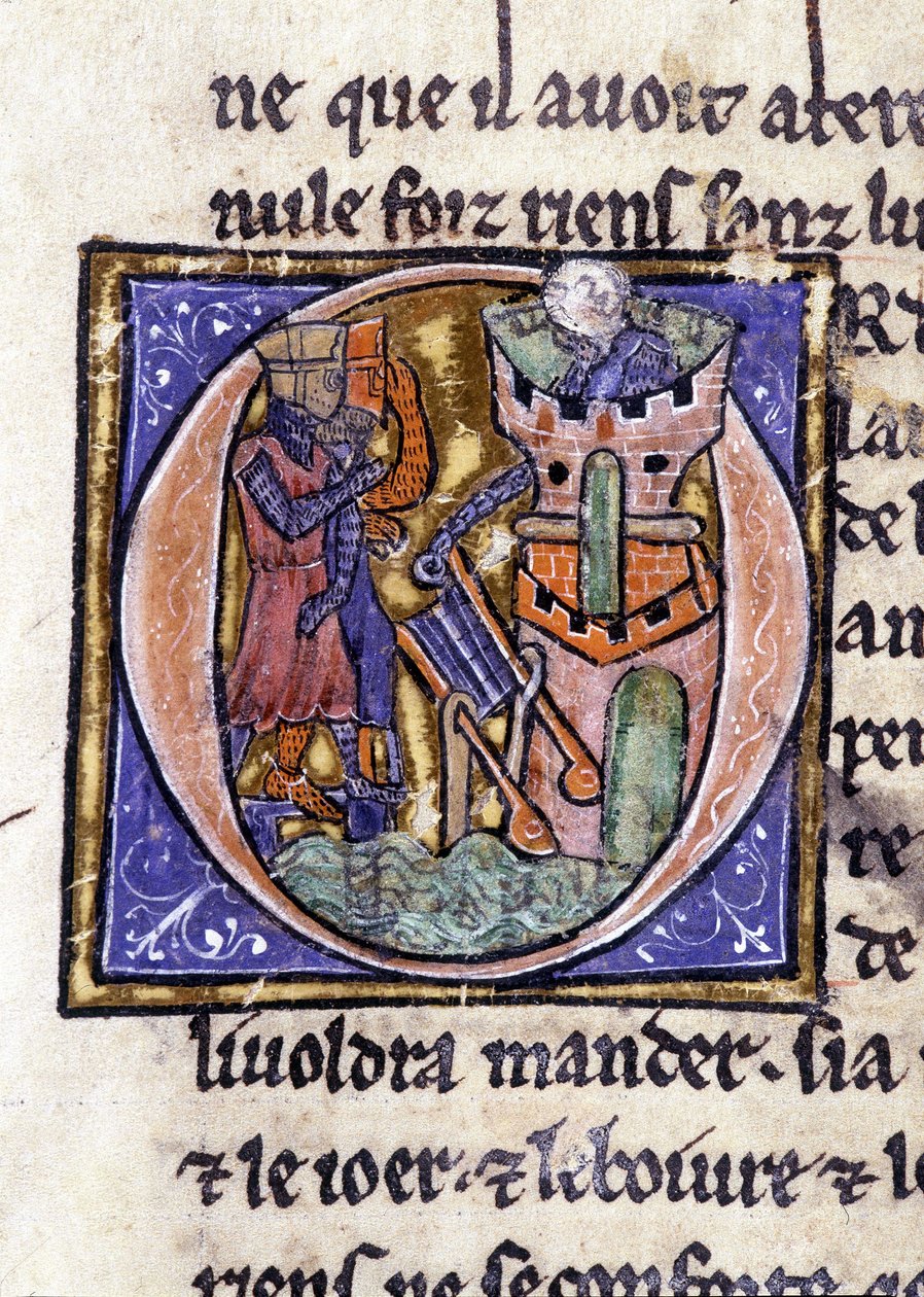 Lancelot på toppen af et tårn. Manuskript: Erobring af Saint Gréal, skrevet 717 år efter vor herres lidenskab. Bibliotheque Municipale de Rennes, frk. 255 (Samling af romaner af det runde bord); Paris af Unknown artist