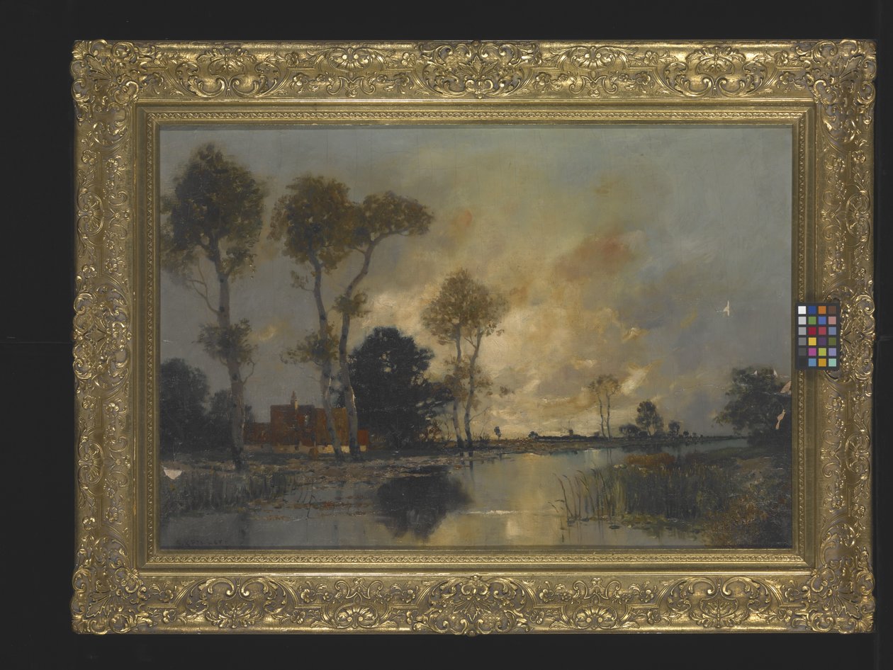Landskab med sommerhus og vandløb (olie på lærred) af Unknown artist