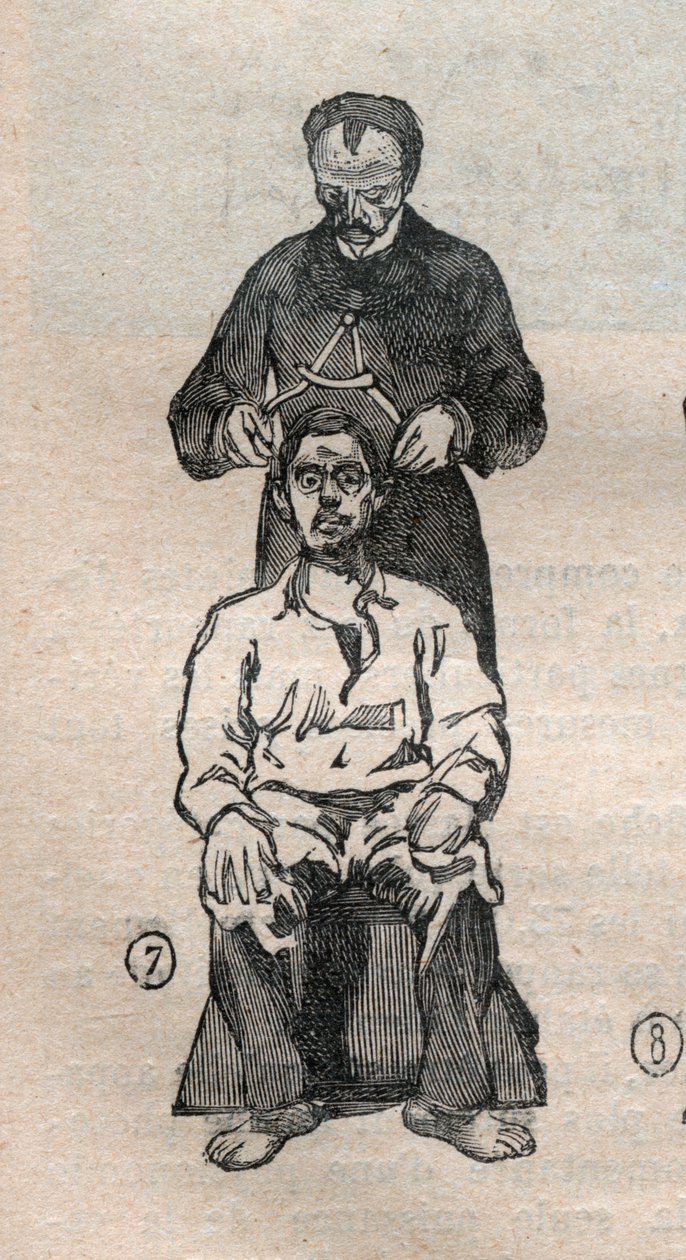 Retlig antropometri eller bertillonnage, metode af Alphonse Bertillon (1853-1914): måling af kraniets tværgående diameter - gravering i "" La Science francaise" af Unknown artist
