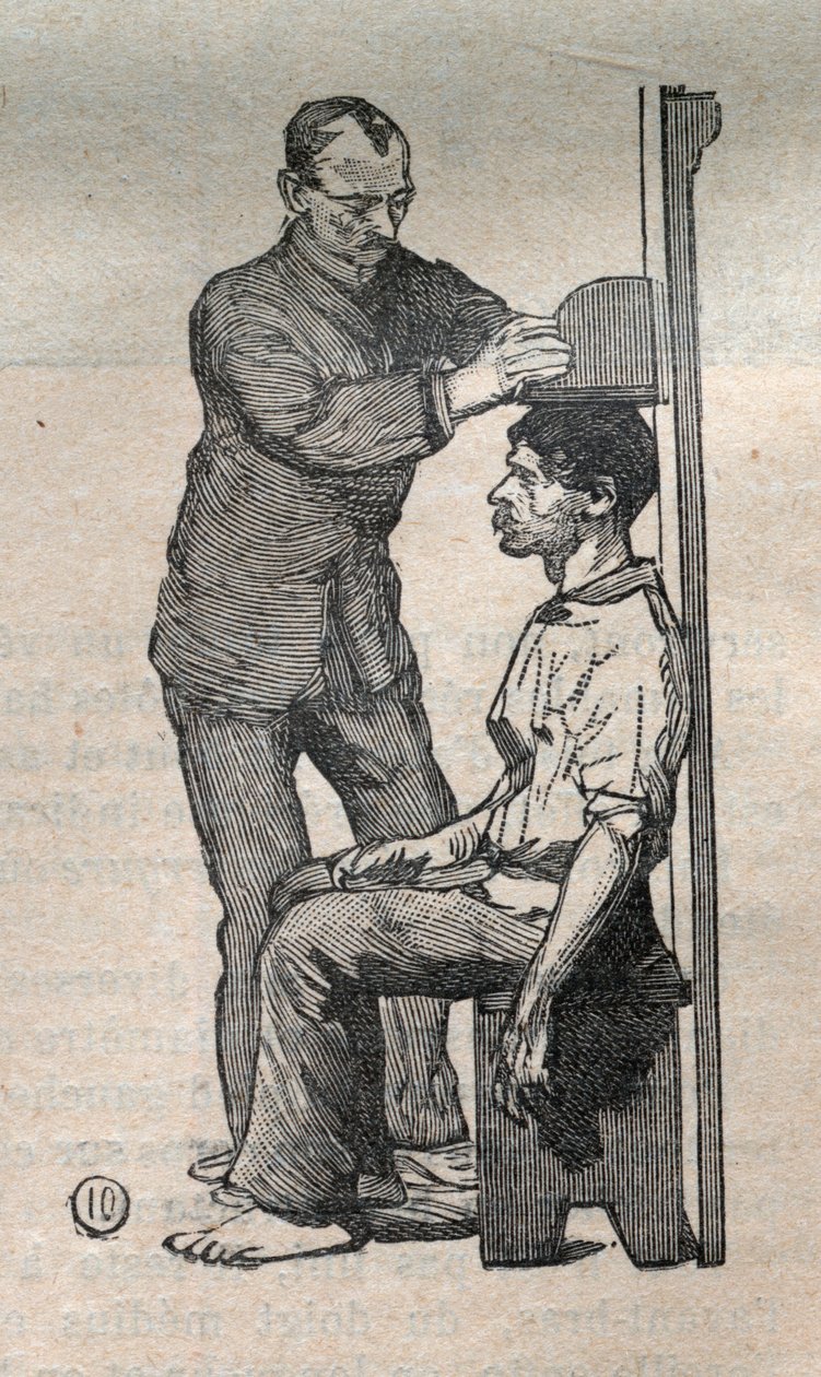 Retslig antropometri eller bertillonnage, metode af Alphonse Bertillon (1853-1914): måling af busten - gravering i "La Science francaise"" af Unknown artist