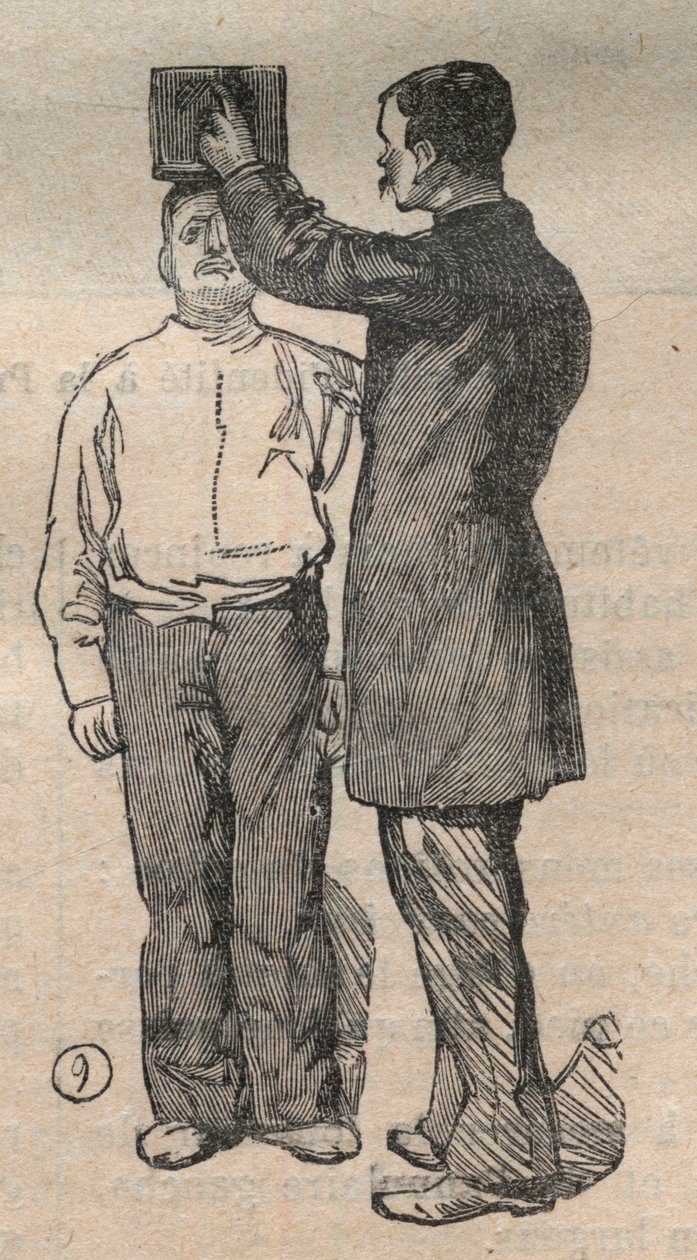 Retsantropometri eller bertillonnage, metode af Alphonse Bertillon (1853-1914): højdemåling - gravering i "La Science francaise"" af Unknown artist