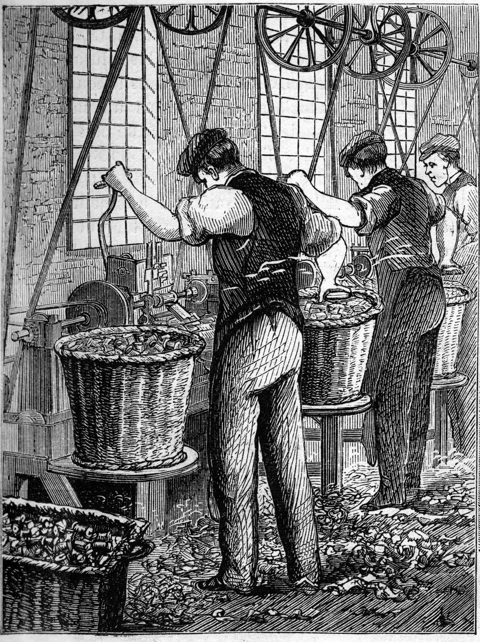 Store engelske industrier: Walter Evans bomuldsspinderi i England i 1863. Fremstilling af spoler. af Unknown artist