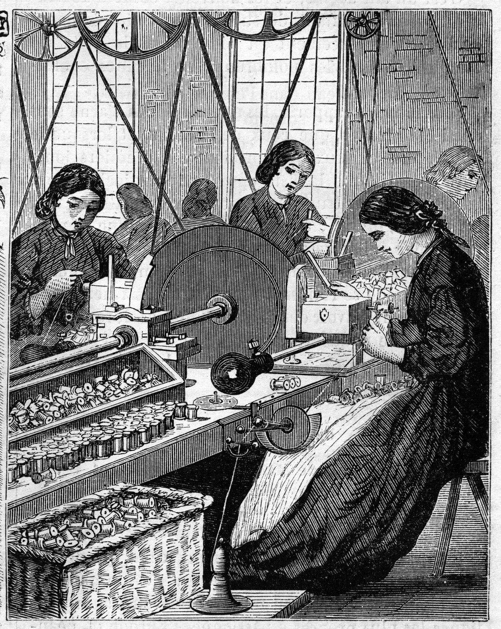 Store engelske industrier: Walter Evans bomuldsspinding i England i 1863. Trådindpakning. af Unknown artist
