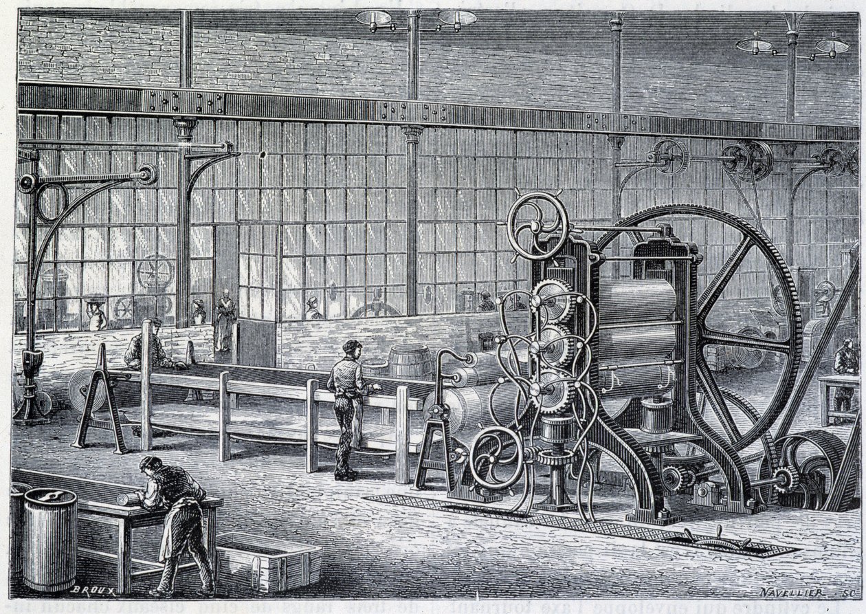 Stort valseværk til at reducere blokke af renset gummi til plader - i "" Industriens vidundere"" af Louis Figuier af Unknown artist